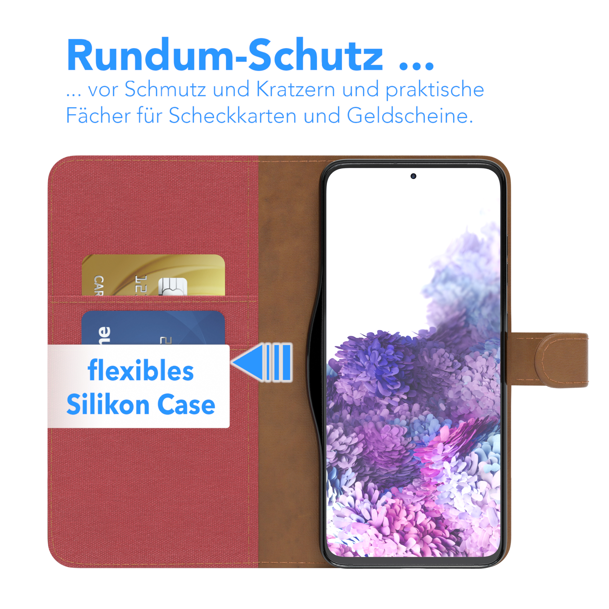 Handyhülle mit Karten darin. Hülle ist braun und rot. Flexibles Silikon Case. Text: flexibiles Silikon Case.
