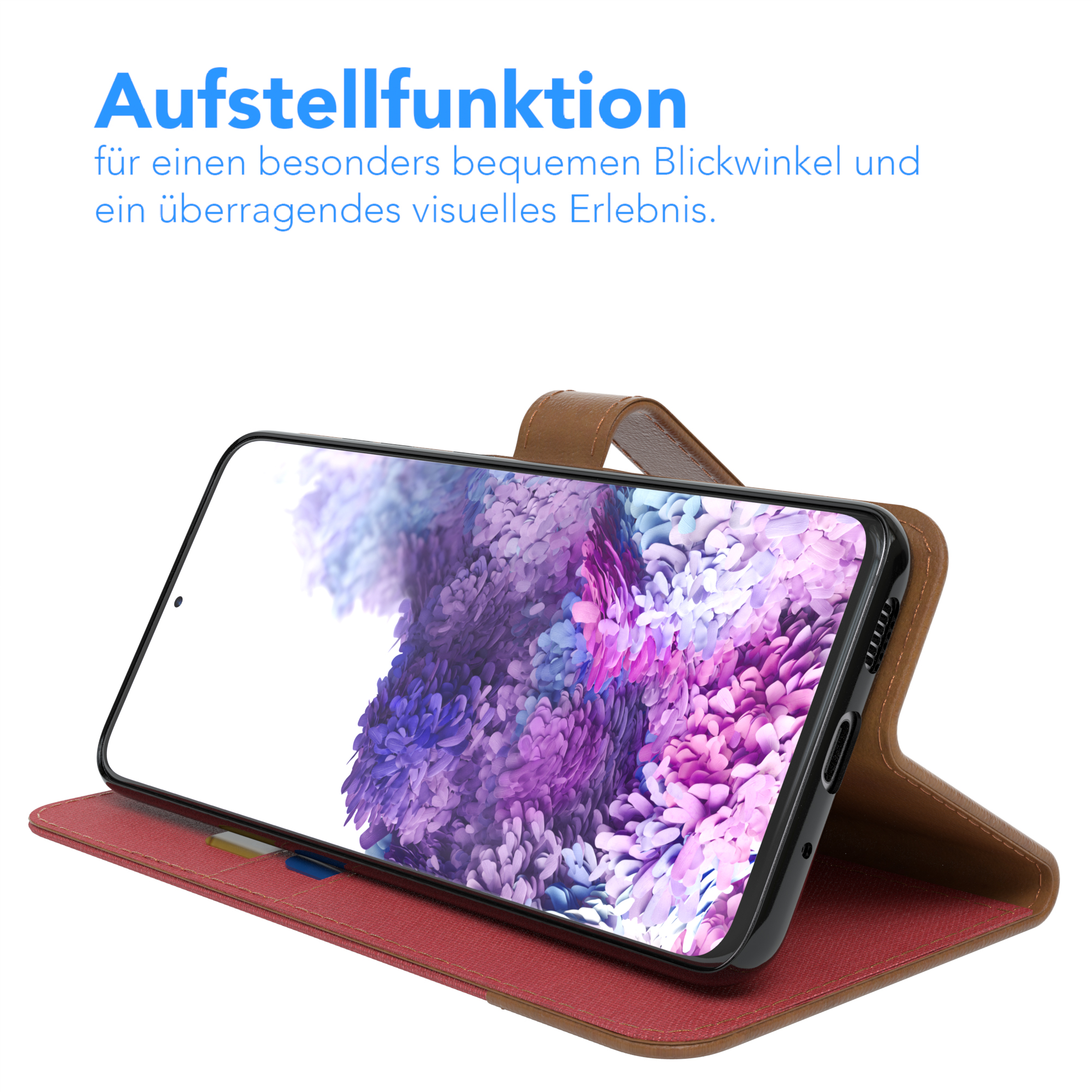 Handyhülle in Aufstellposition. Das Telefon wird in einem Winkel angezeigt. Die Hülle ist braun und rot.