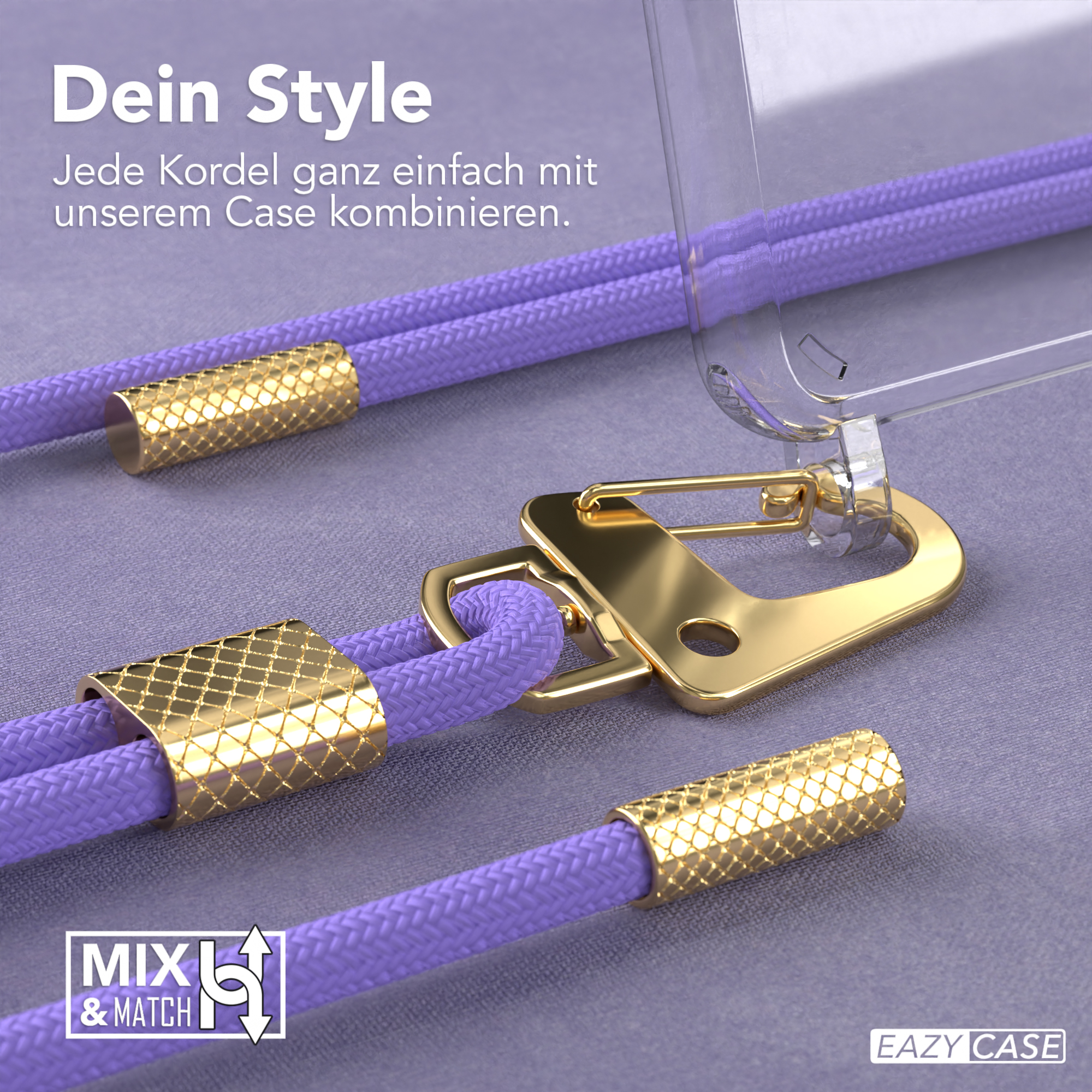Nahaufnahme einer Handyhülle mit lila Kordel und goldenen Akzenten. Text: 'Mix & Match'.