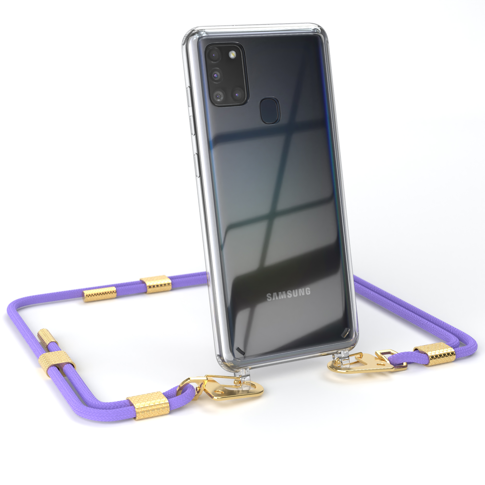 Transparente Hülle und Telefon mit lila Riemen. Das Telefon hat eine transparente Rückseite.