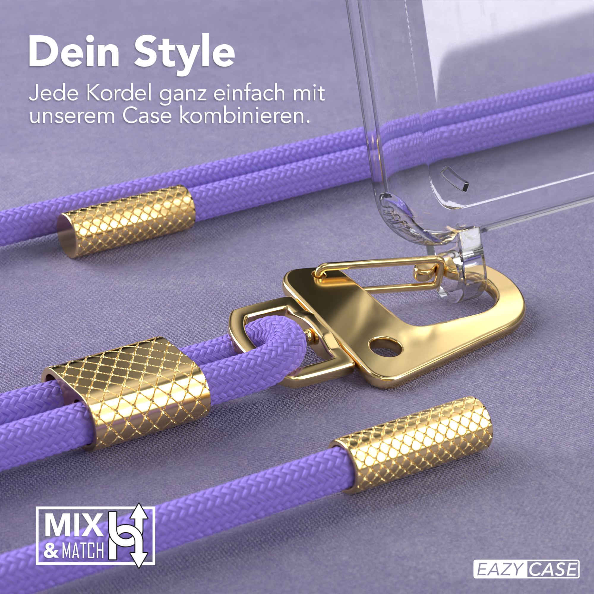 Nahaufnahme einer lilafarbenen Telefonschnur mit goldenen Akzenten und einer durchsichtigen Handyhülle mit Goldverschluss.