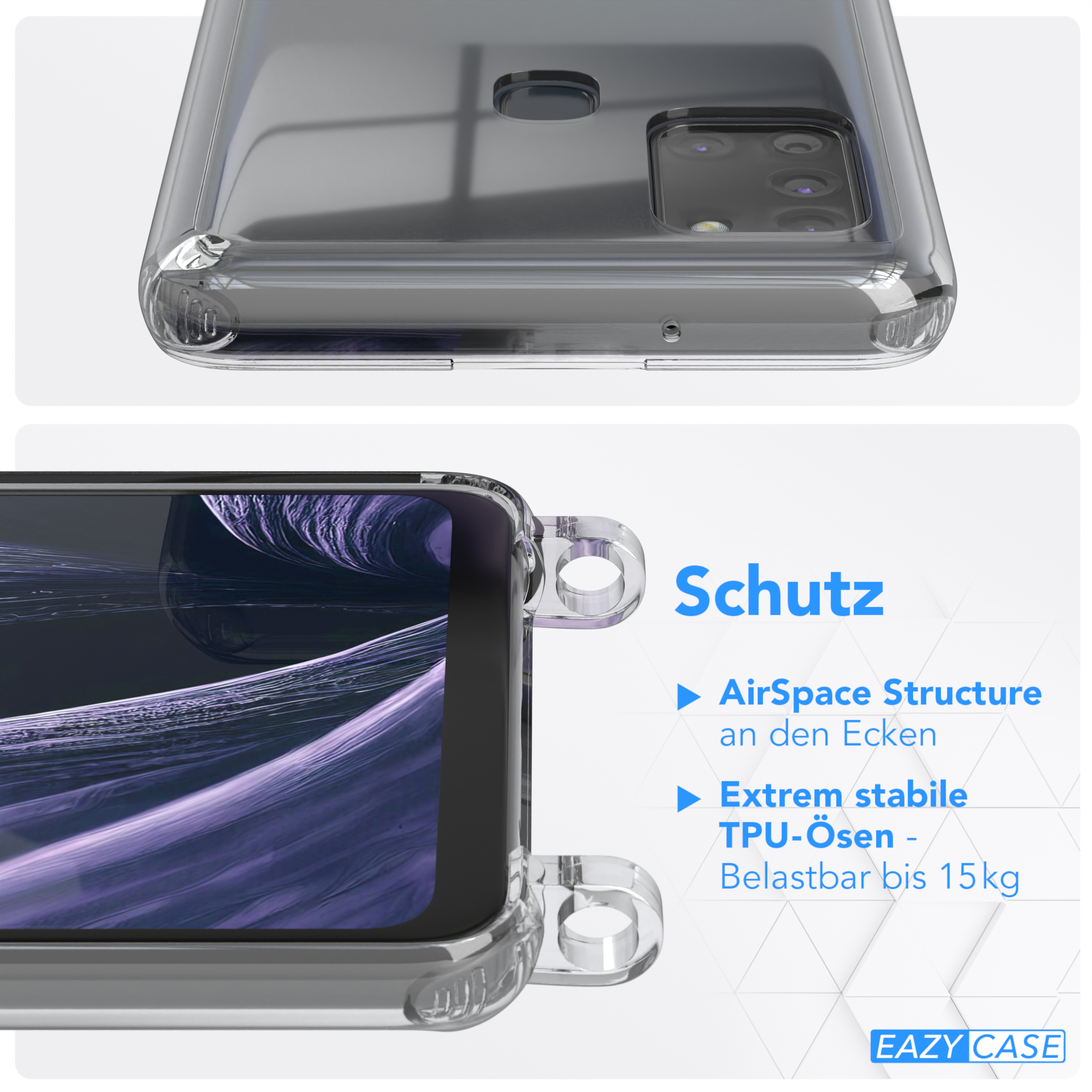 EAZY CASE Transparente Handyhülle mit Kordel Gold A21s, / Lila Samsung, Galaxy Flieder Karabiner, runder + Umhängetasche