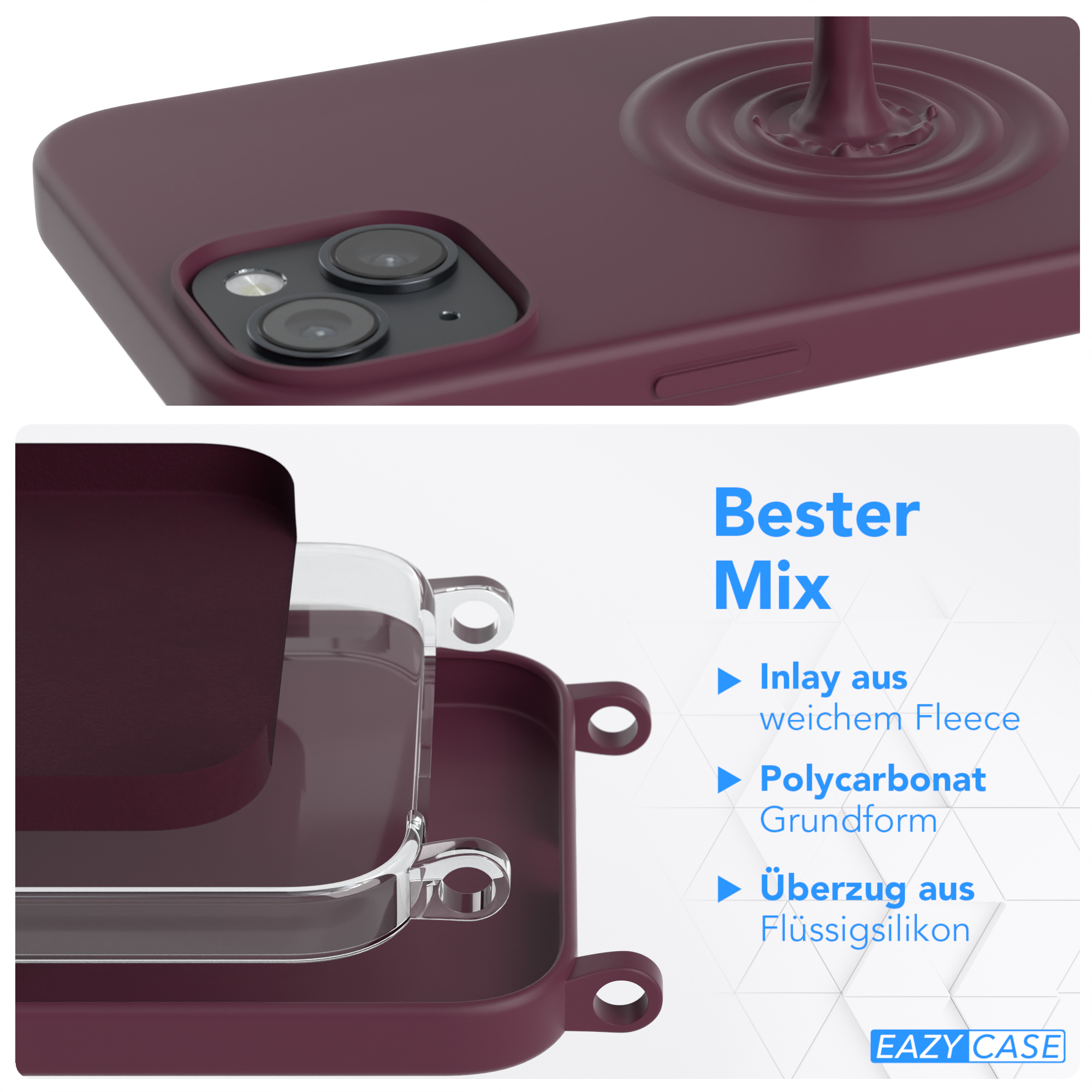 Eine Handyhülle mit mehrschichtigem Design. Die Hülle ist weinrot. Schichten zeigen eine Einlage und Polycarbonat.