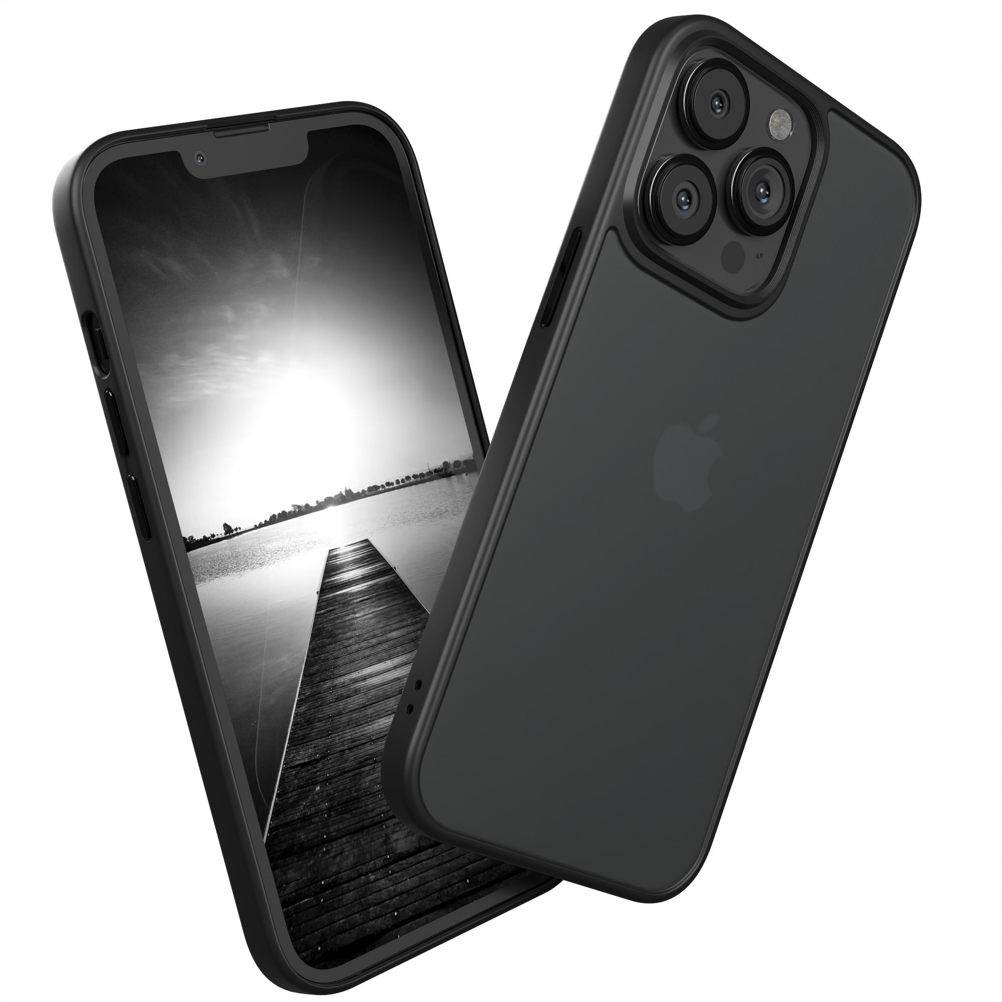 Schwarze Handyhülle mit Telefon, zeigt eine Seeszene.