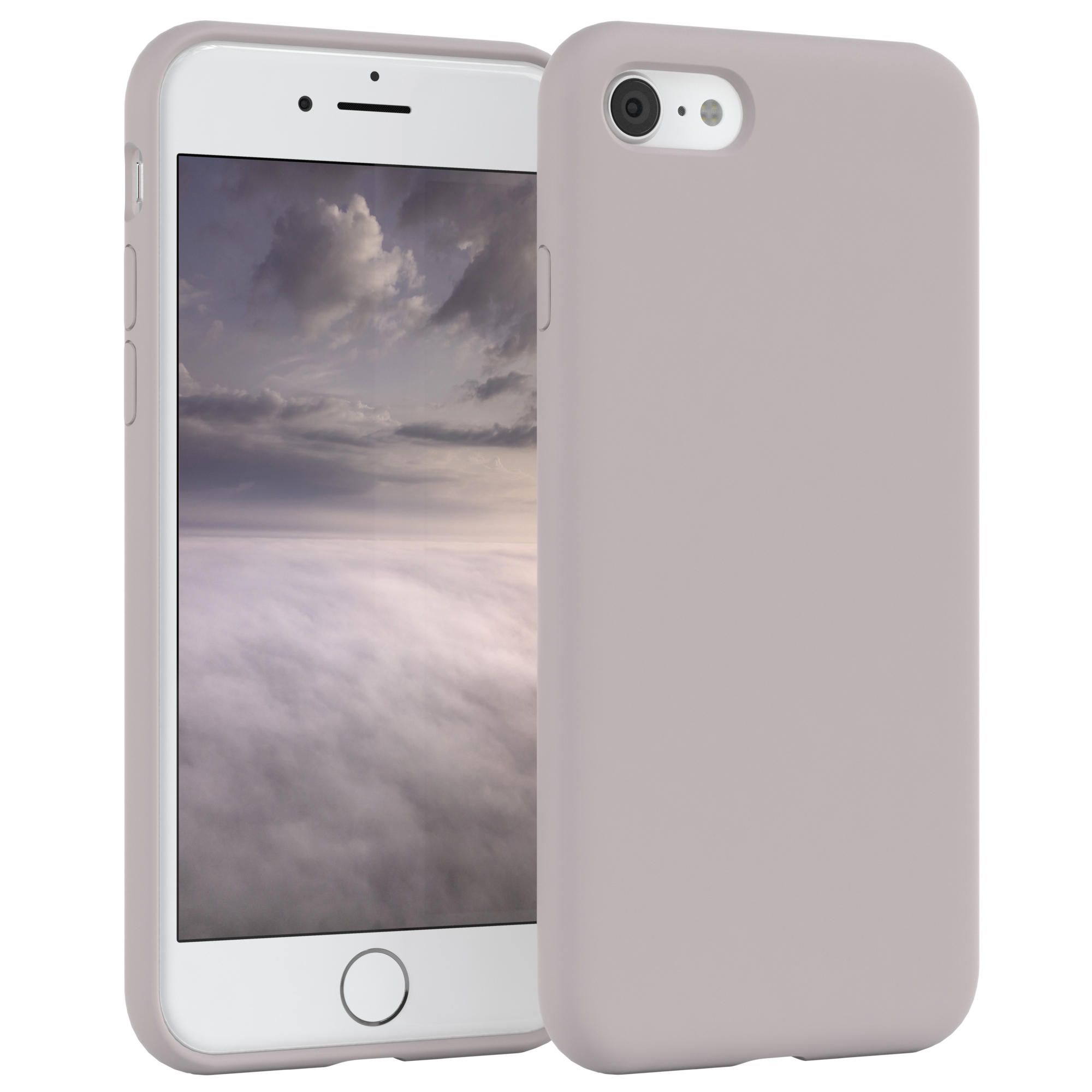 Weißes Telefon mit grauem Case daneben. Der Bildschirm zeigt eine neblige Landschaft.