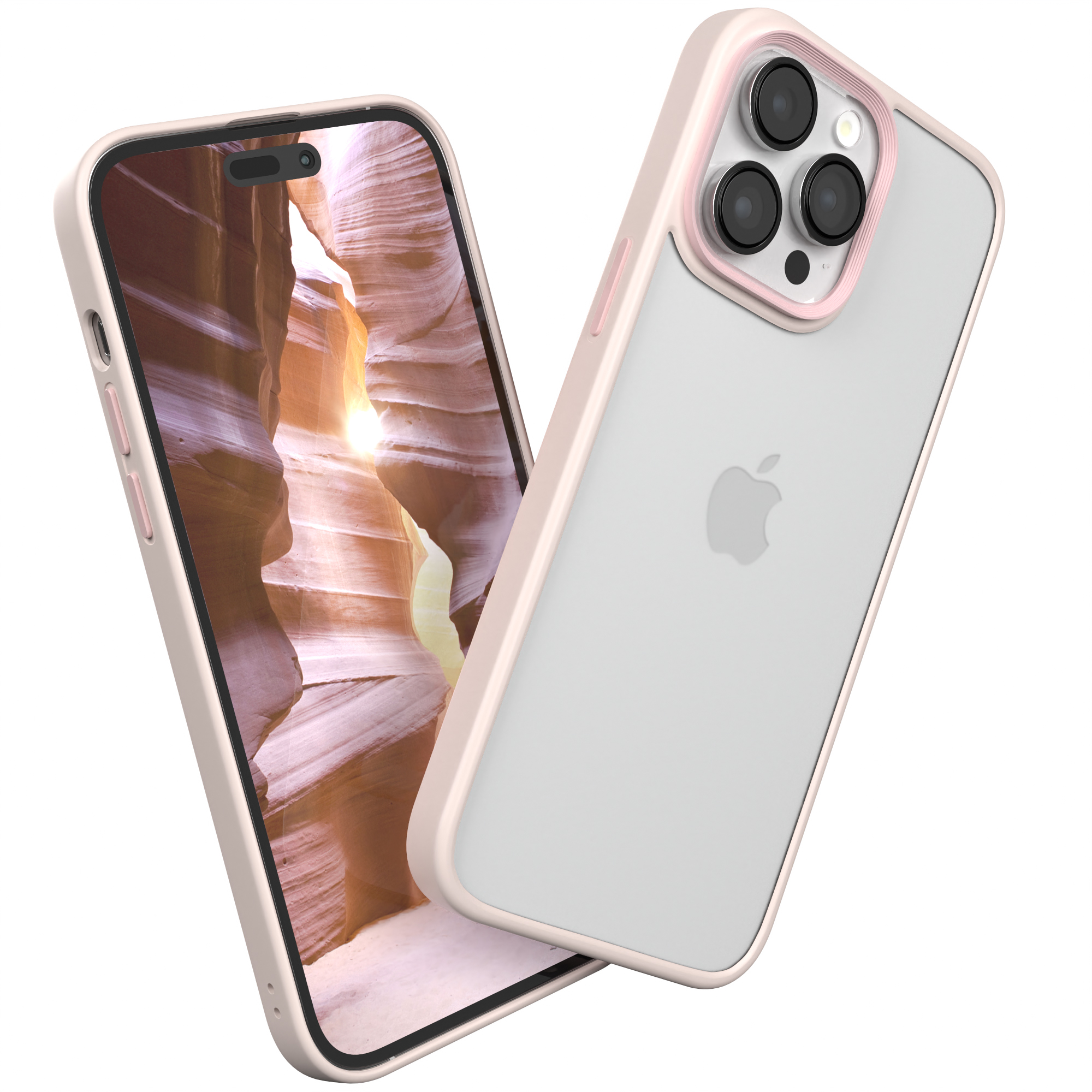 Telefon in rosa Hülle. Das Telefon zeigt Canyon-Bild. Weißer Hintergrund.