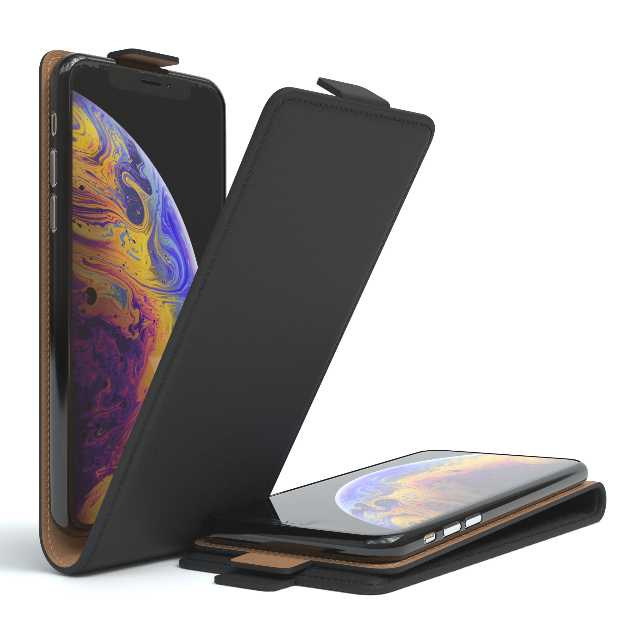 Ein Telefon in einer schwarzen Hülle und ein Telefon, das liegt. Das Display zeigt ein farbenfrohes Bild.