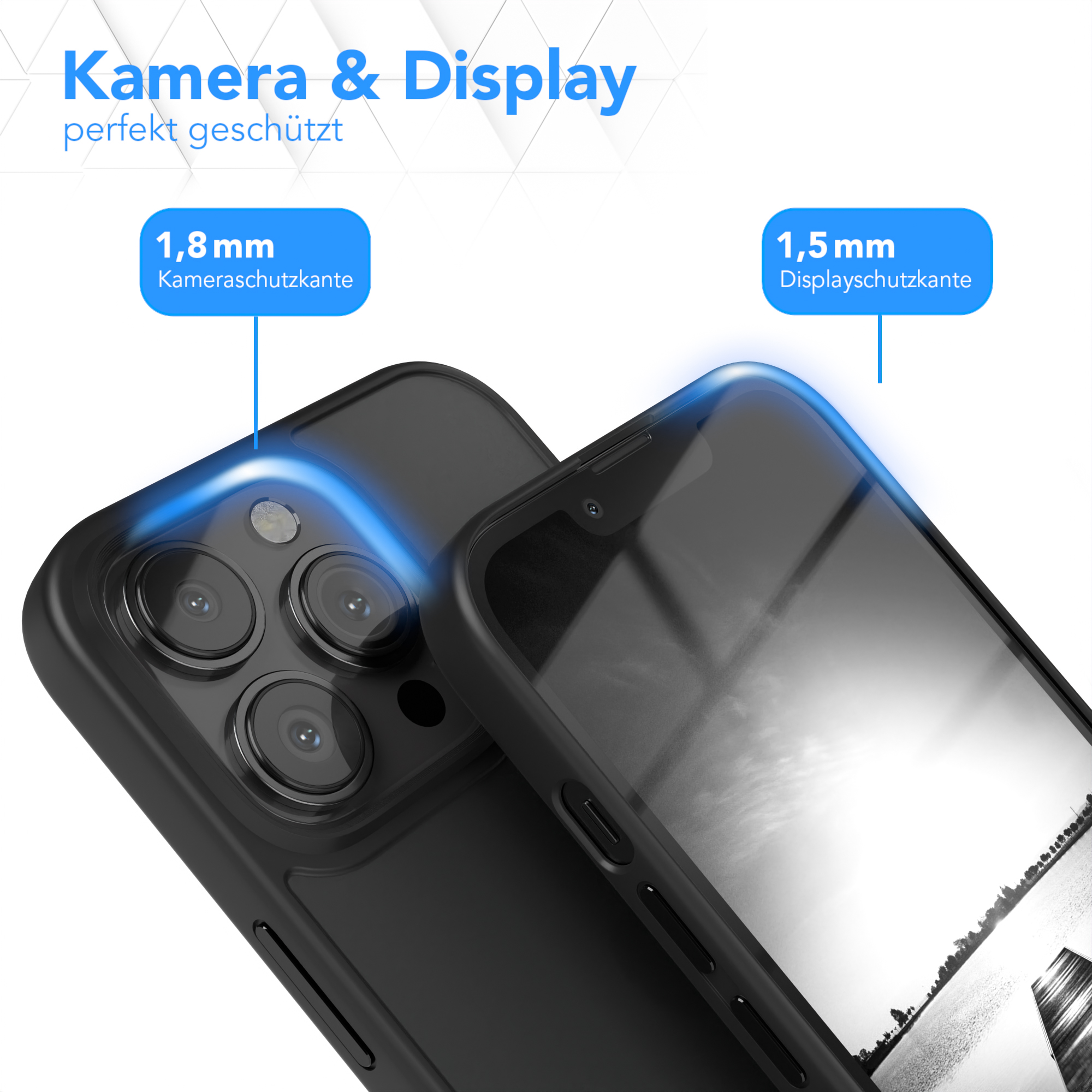 Nahaufnahme einer schwarzen Handyhülle, die Kamera und Display schützt. Text: Kamera & Display, 1,8 mm, 1,5 mm.