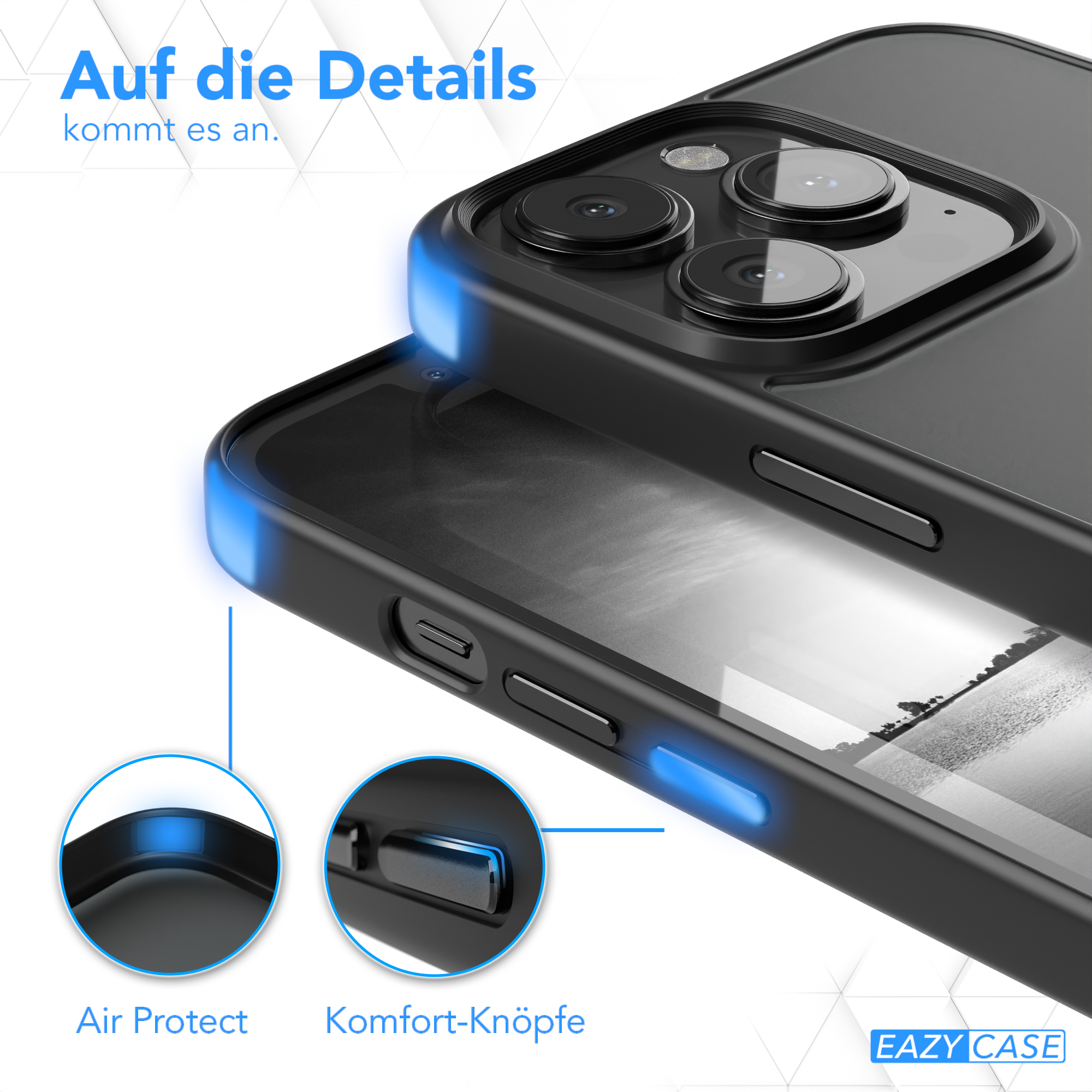 Schwarze Handyhülle mit blauen Lichtakzenten. Nahaufnahmen zeigen Air Protect und Komfort-Tasten. Text: Details zählen.