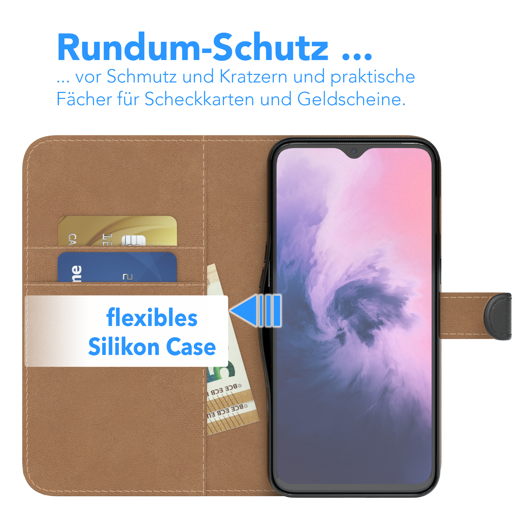 Telefon in brauner Hülle, mit Karten- und Geldfächern. Text: Rundum-Schutz.
