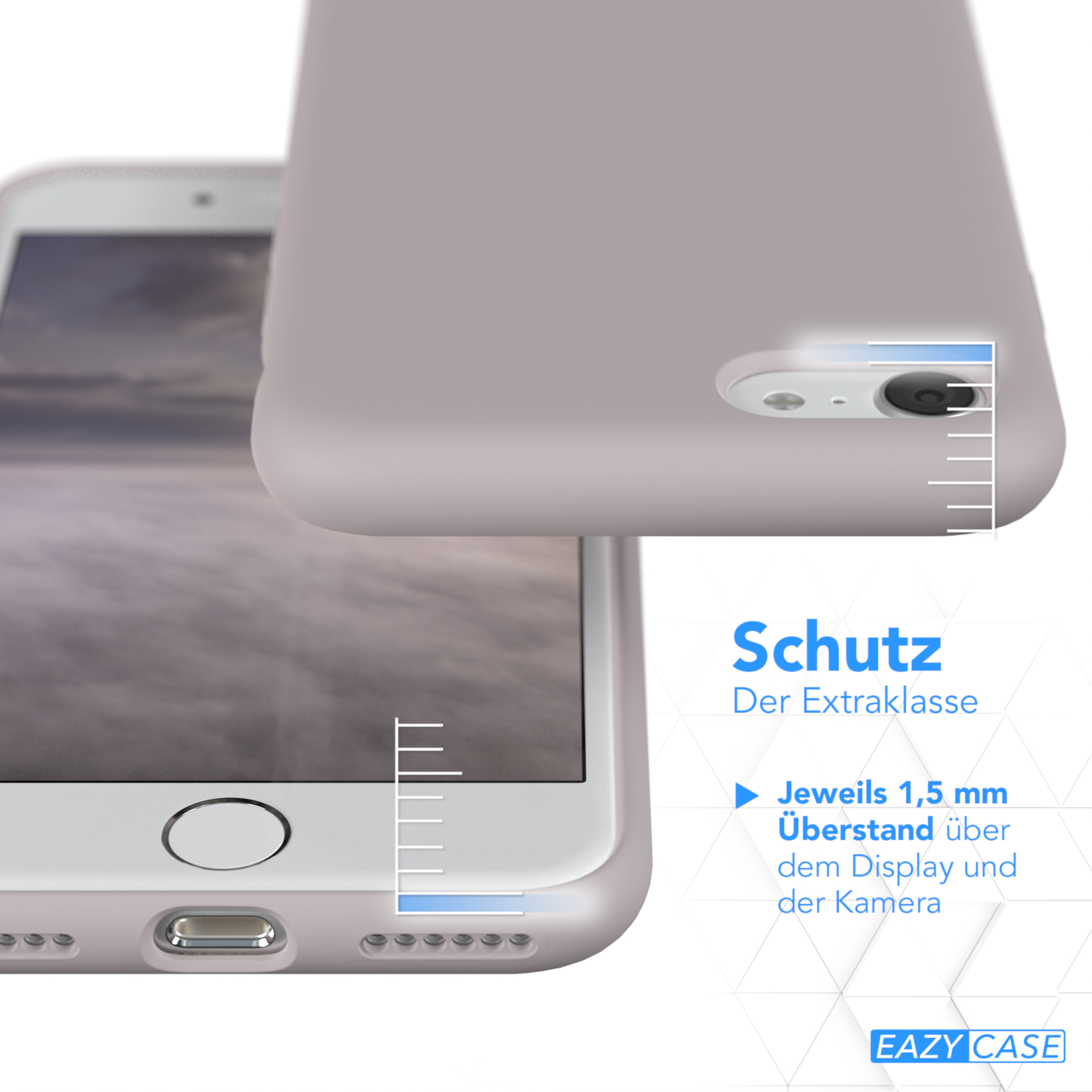 Telefon im Case, Kante zeigend, Text über Display- und Kameraschutz mit Messungen.