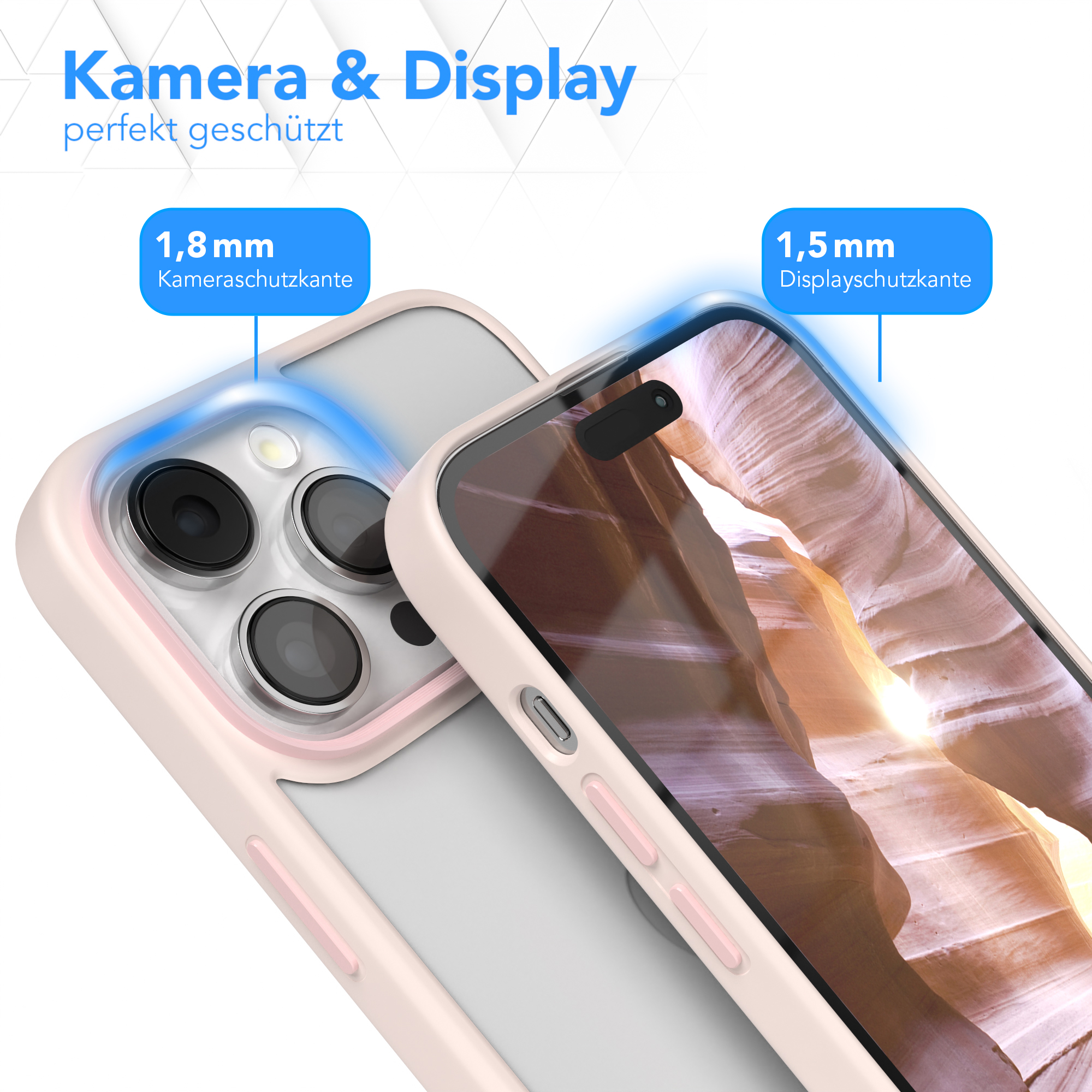 Nahaufnahme einer Handyhülle mit Kamera- und Displayschutz. Blaue Markierung.