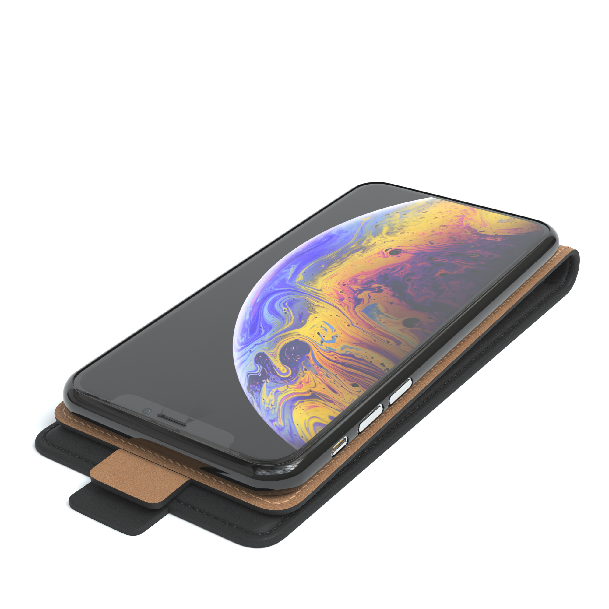 Schwarze Handyhülle mit Telefon, das eine farbenfrohe Anzeige zeigt.