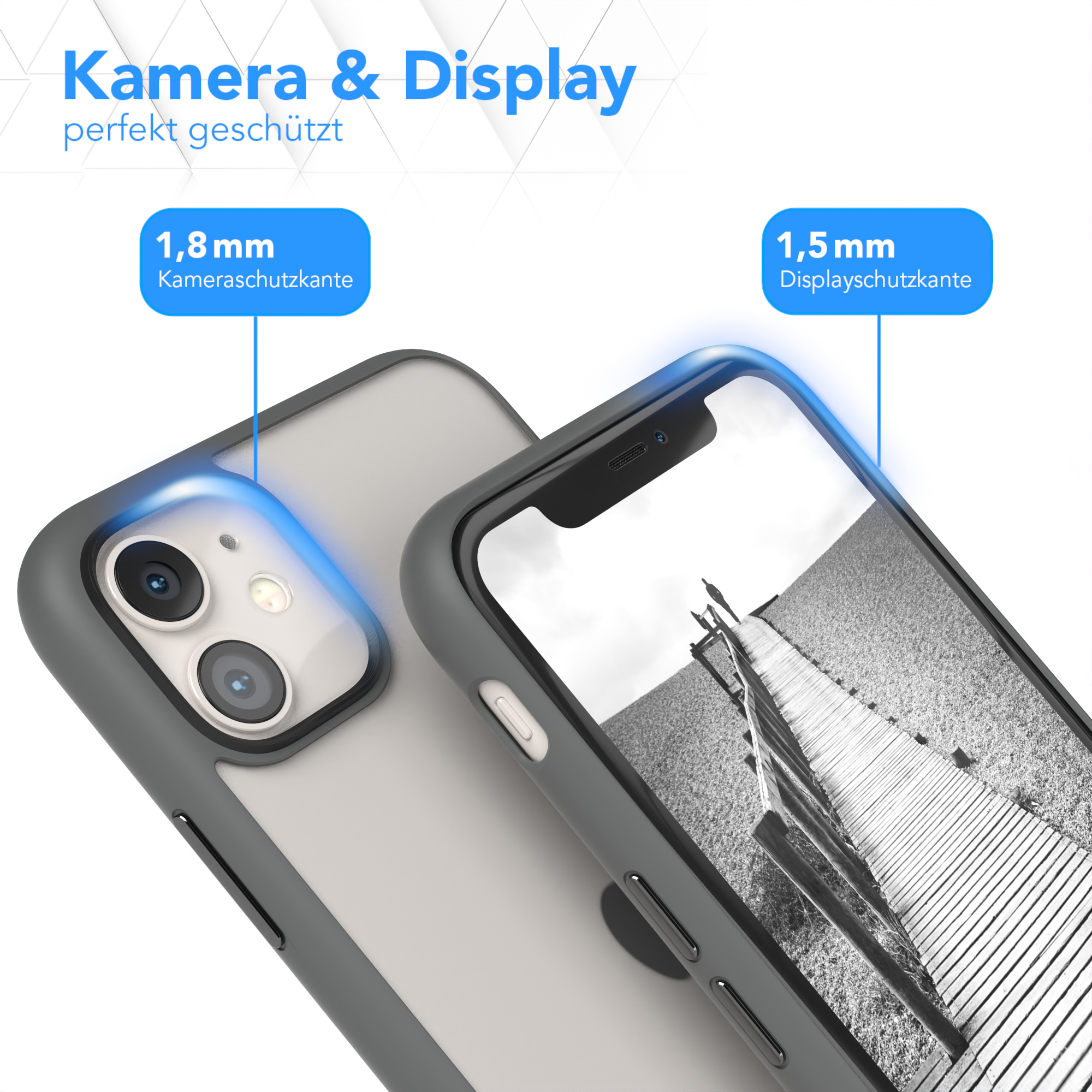 Zwei Telefone in Hüllen, die den Kantenschutz zeigen. Text zeigt 1,8 mm und 1,5 mm.