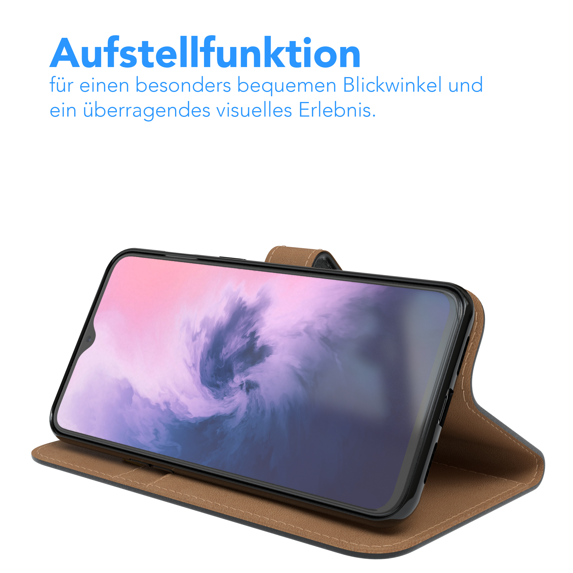 Telefon in braunem Etui in Aufstellposition zur Ansicht.