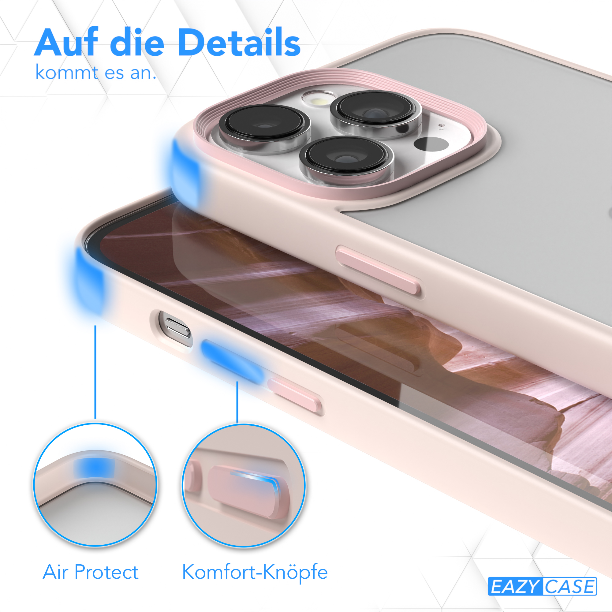 Nahaufnahme einer Handyhülle mit Details zu Air Protect und Komforttasten, die die Eigenschaften hervorheben.