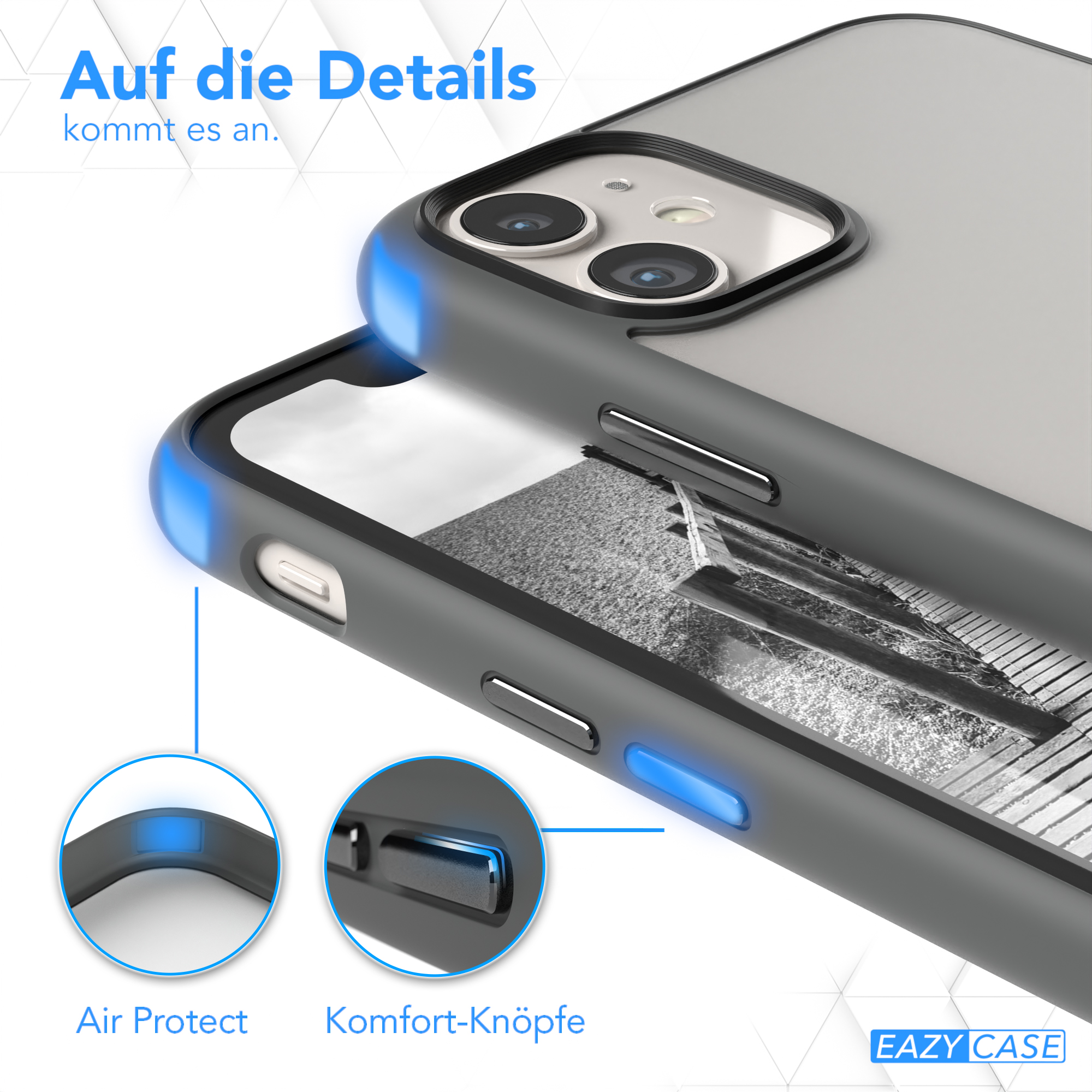Eine dunkelgraue Handyhülle. Die Hülle schützt die Kanten und Tasten des Telefons.