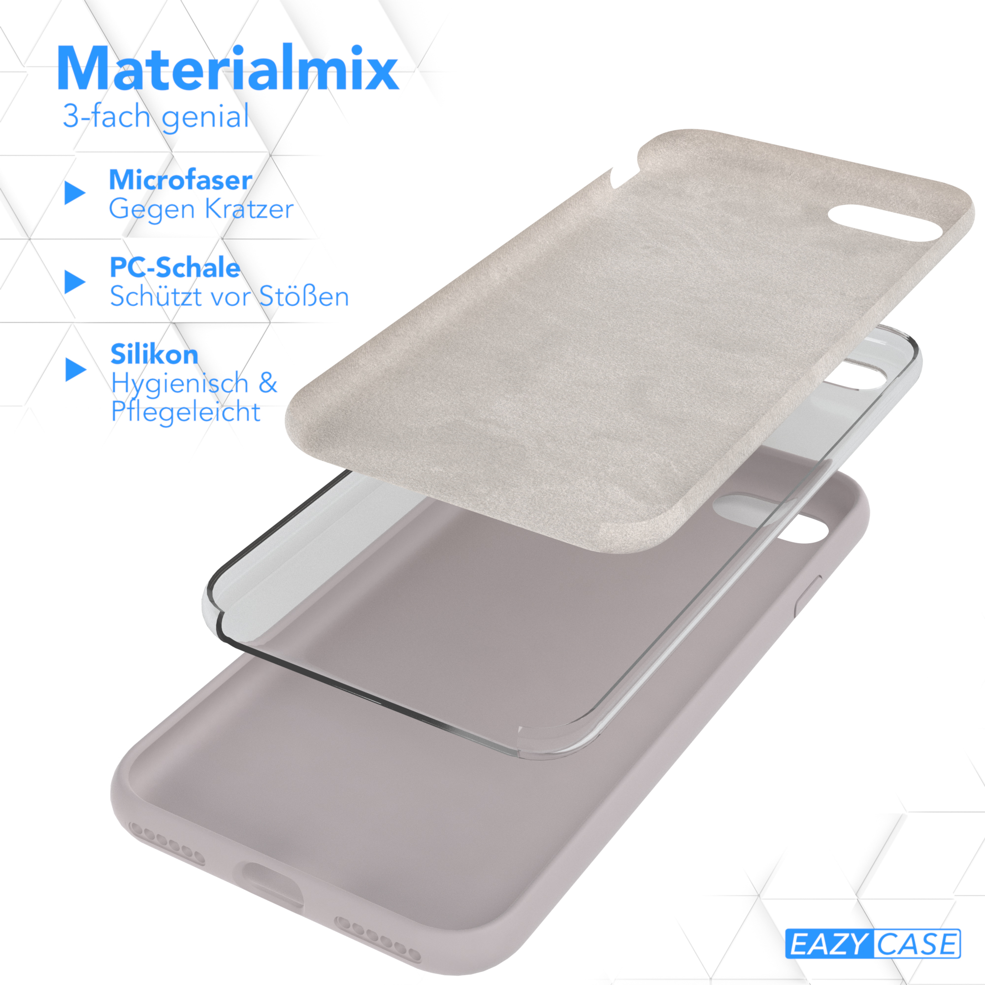 Handyhüllen-Schichten: Mikrofaser, PC-Schale und Silikon. Text: 'Materialmix'.