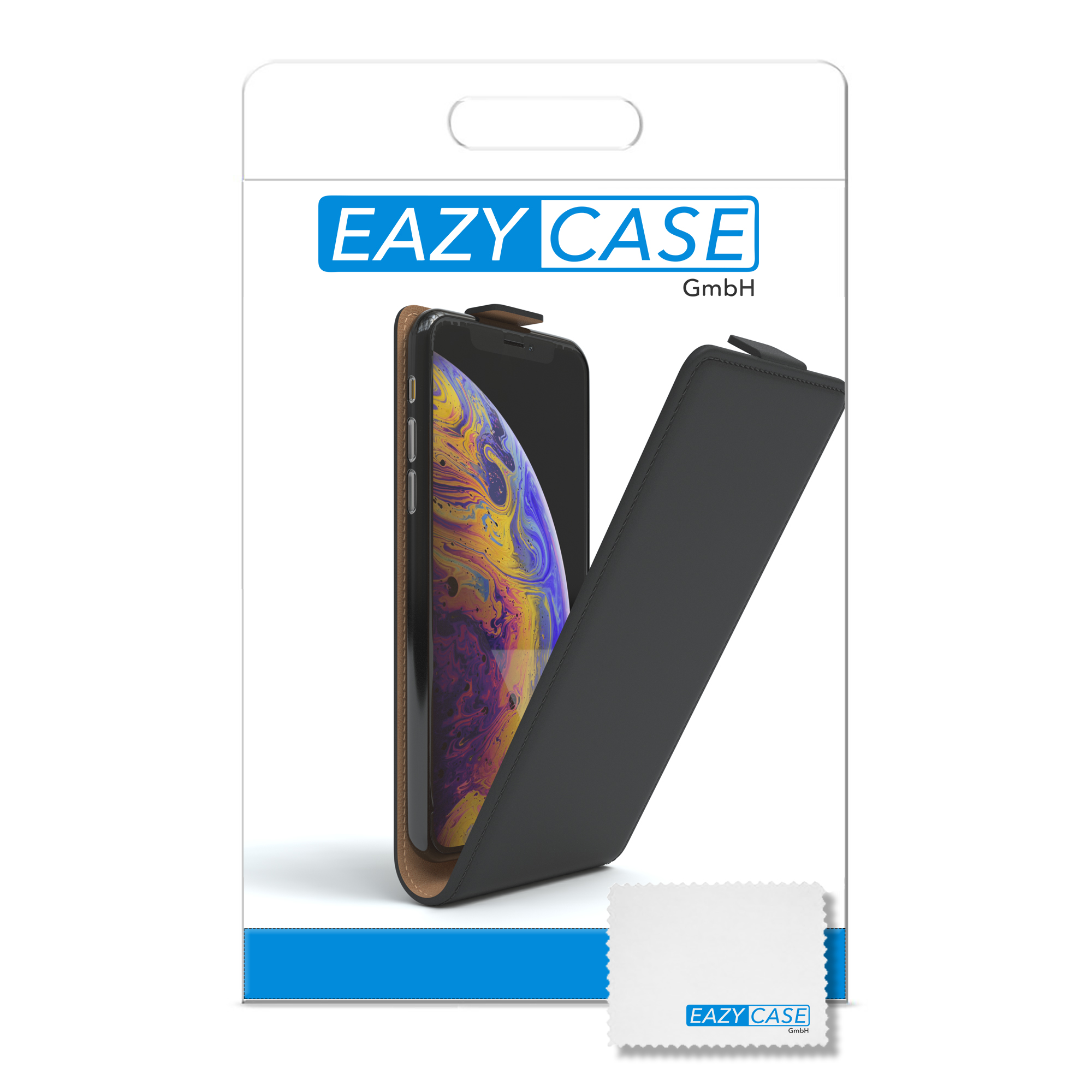 Telefon in einer schwarzen Lederhülle, in einer weißen Produktverpackung, mit einem Reinigungstuch.