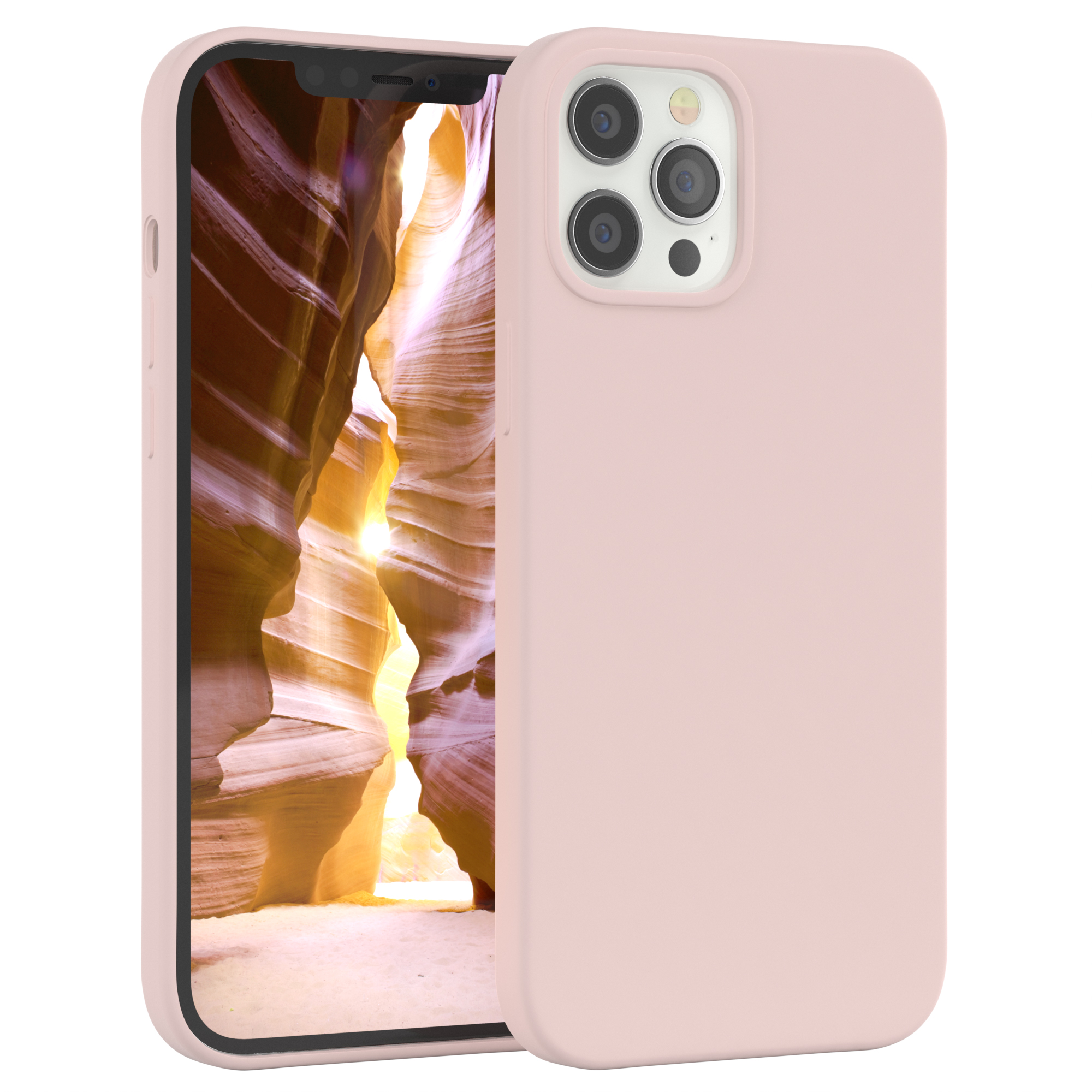 Rosa Handyhülle auf einem Telefon mit Canyon-Hintergrund. Die Hülle bedeckt das Telefon.