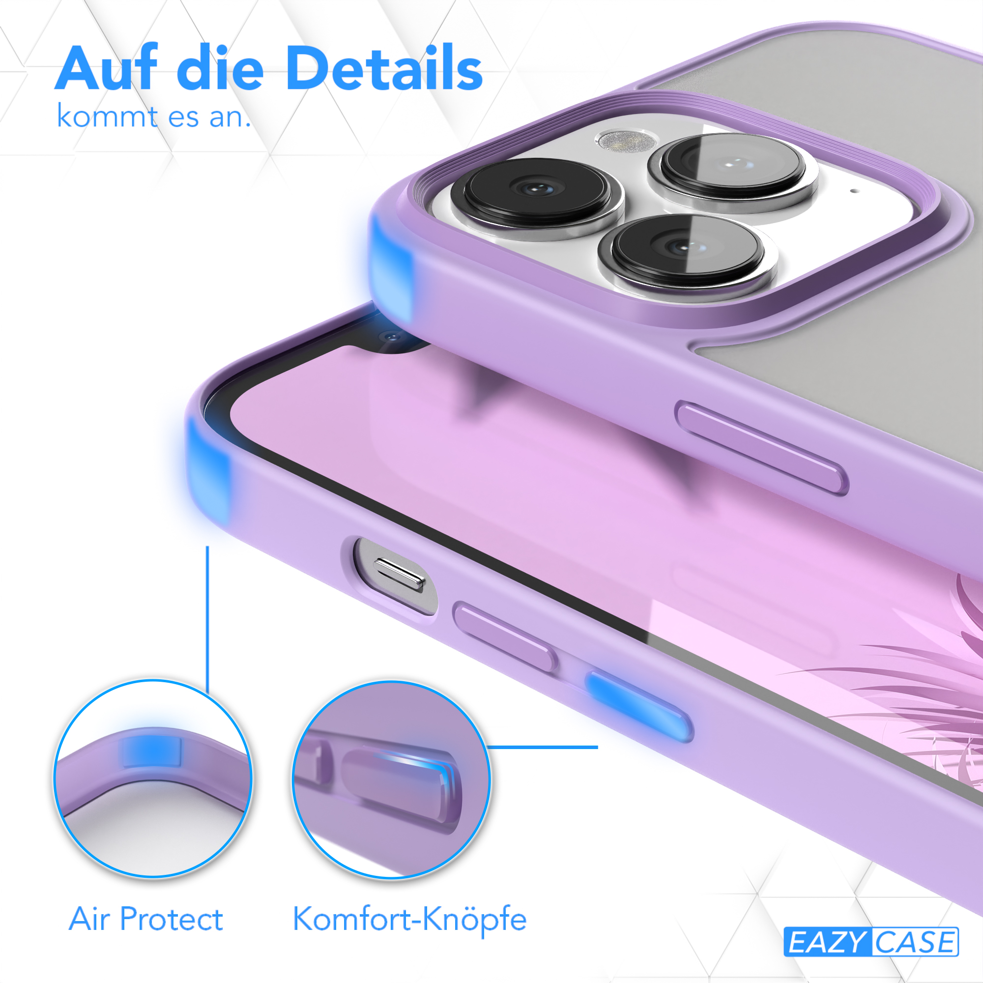 Eine transparente Handyhülle in Lila mit einem Telefon darin. Die Hülle hat einen blauen Rand. Text unten lautet 'Air Protect'.