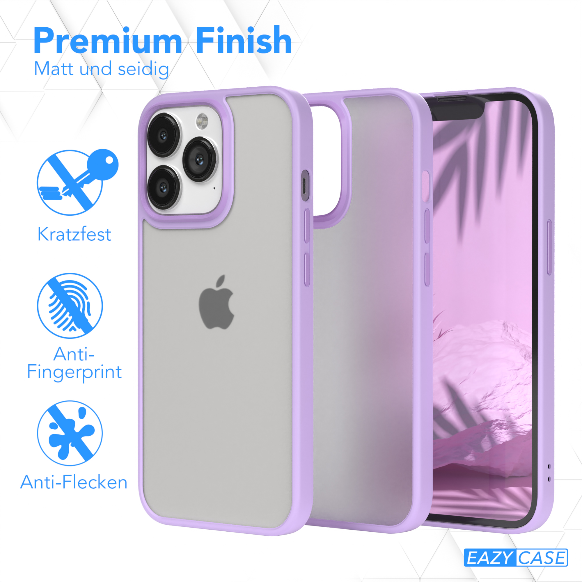 Handyhülle mit Telefon, mit Icons für kratzfest, Anti-Fingerprint und Anti-Flecken.