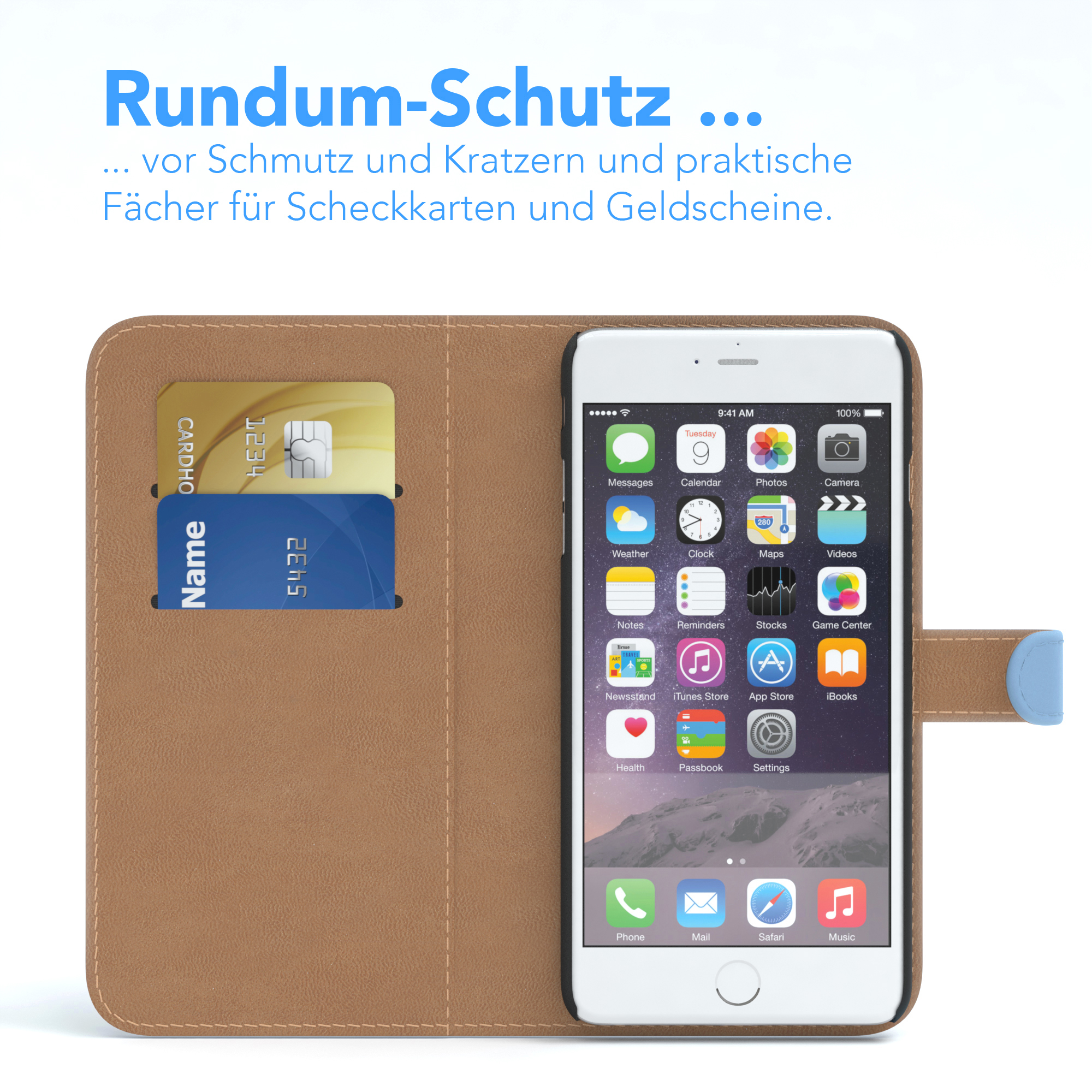 Handyhülle mit Karten und Telefon darin. Das Telefon befindet sich auf weißem Hintergrund.