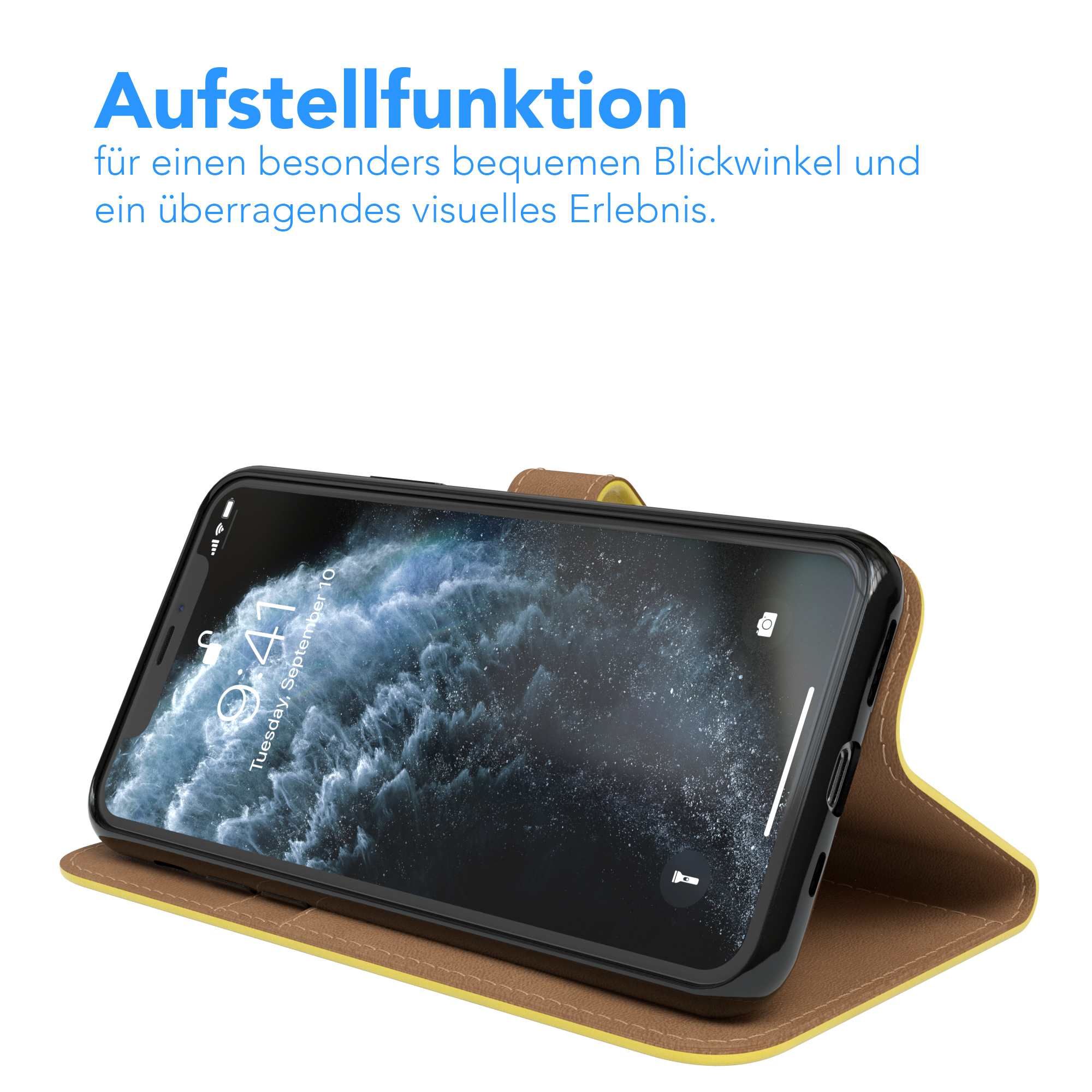 Smartphone in einer braunen Lederhülle, hochgestellt, um den Bildschirm anzuzeigen.