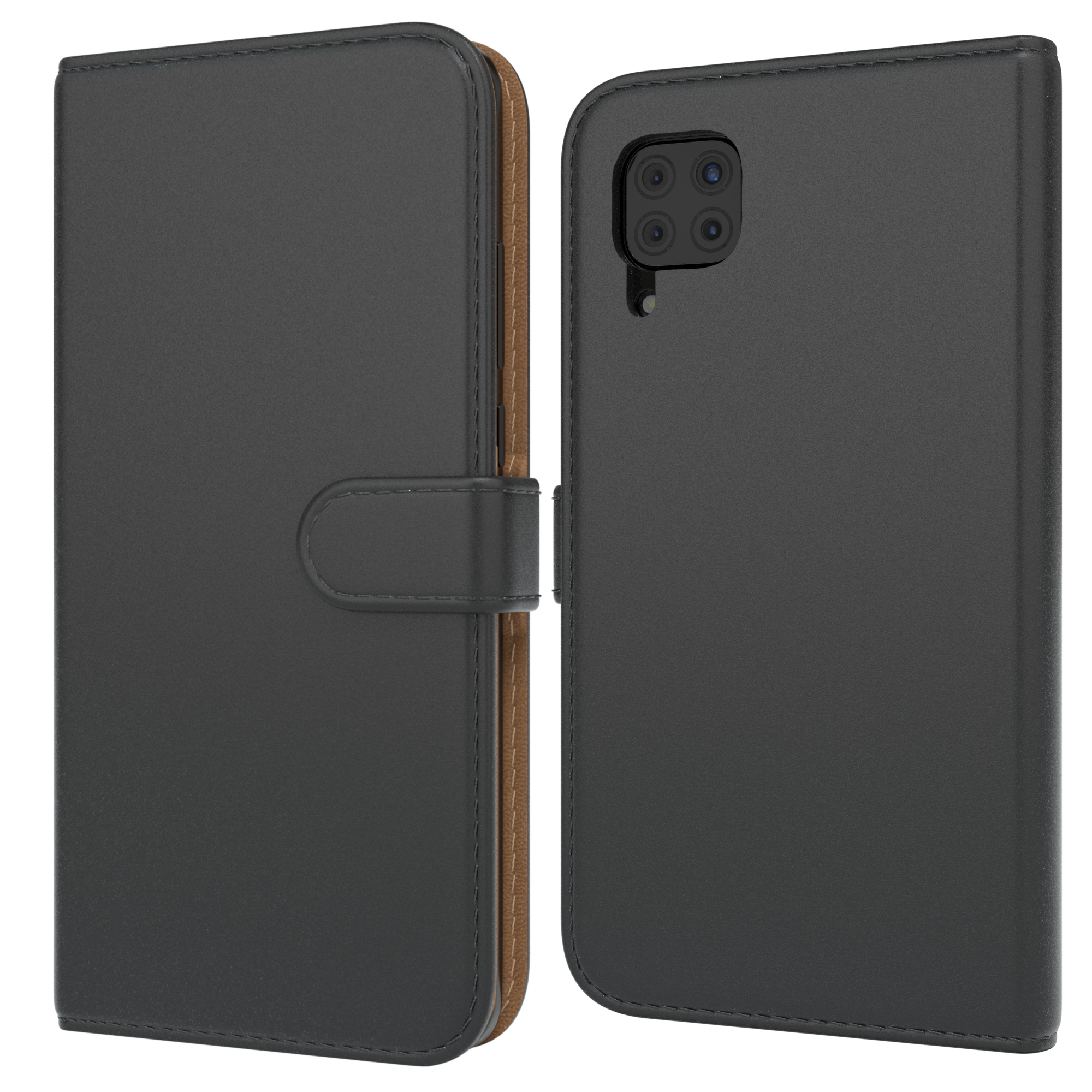 Eine schwarze Leder-Handyhülle, geöffnet, um das Telefon und die braune Innenseite zu zeigen. Text: Knopf.
