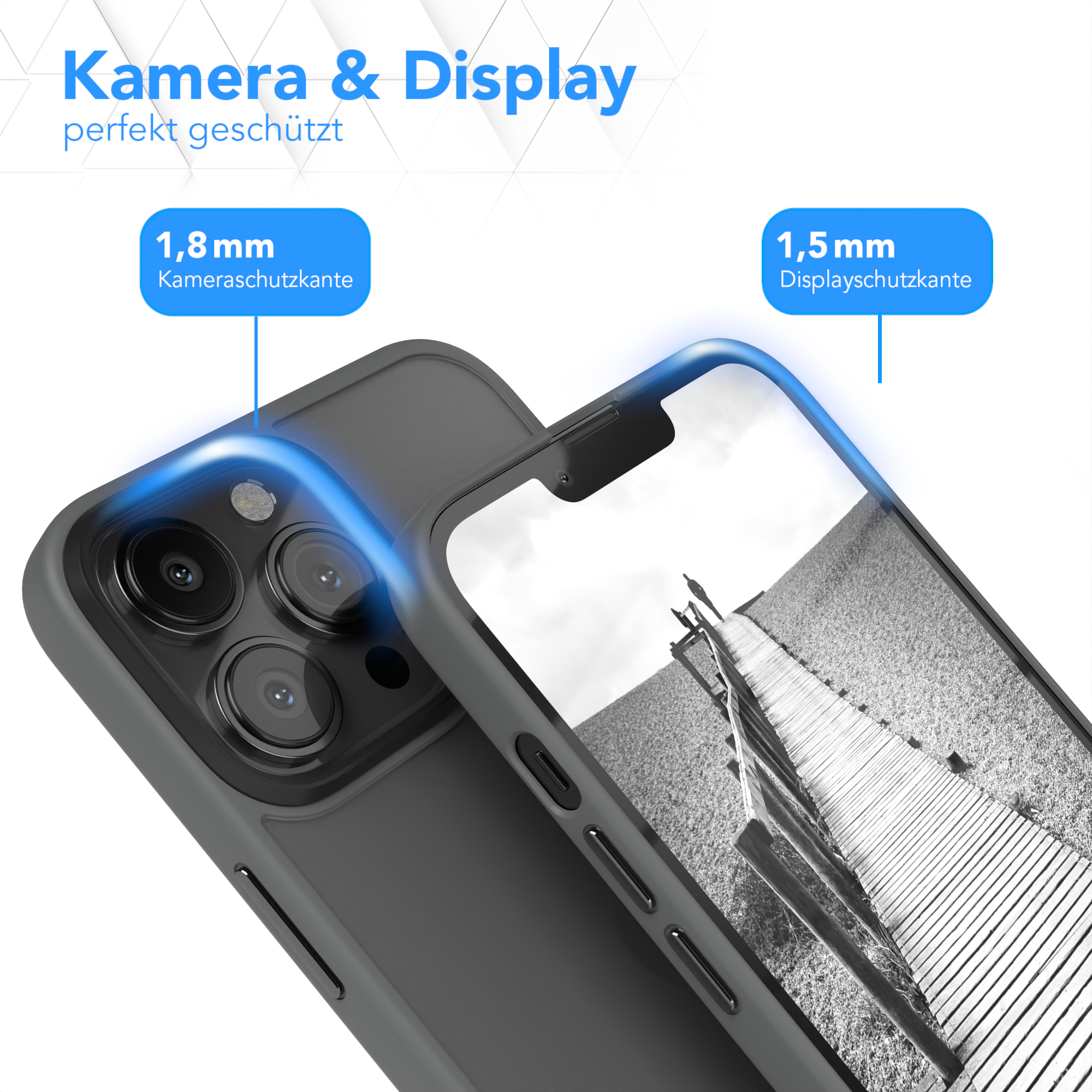 Nahaufnahme von Handyhülle und Telefon, zeigt die Kamera- und Displayschutz.