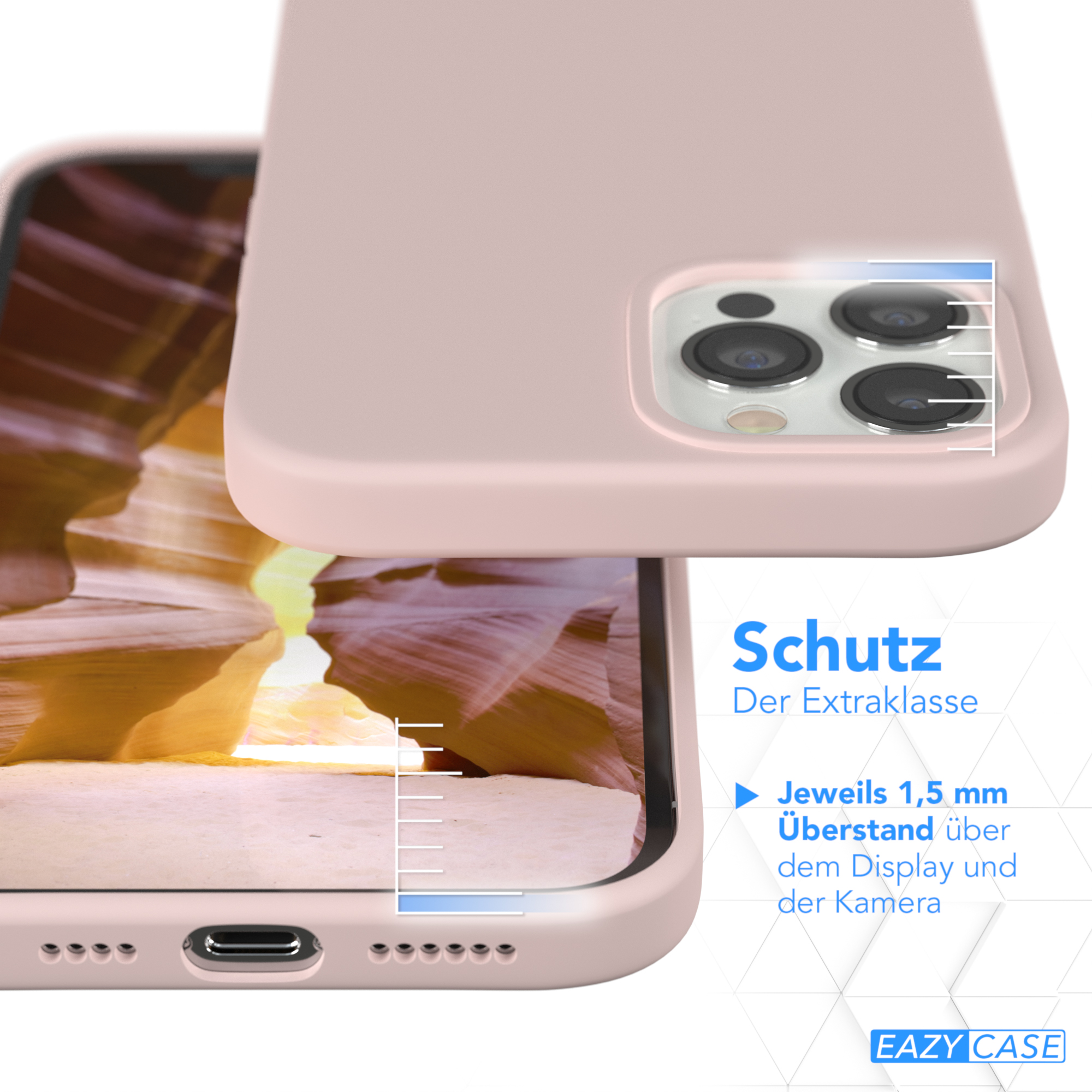 Nahaufnahme einer rosa Handyhülle mit Text, der Schutzfunktionen hervorhebt.