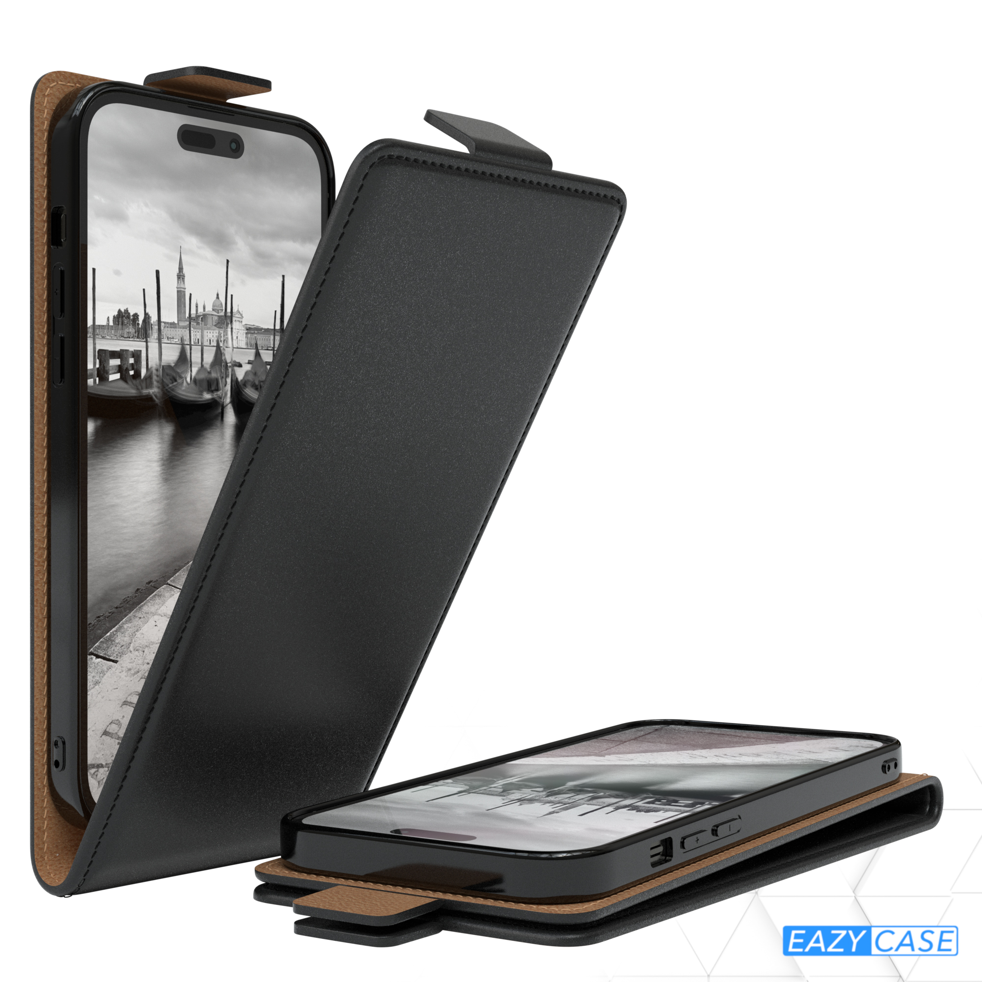 Schwarze Handyhülle mit Handy, das eine Landschaft zeigt. Geöffnet, geschlossen und abgewinkelt, um das Handy zu zeigen.