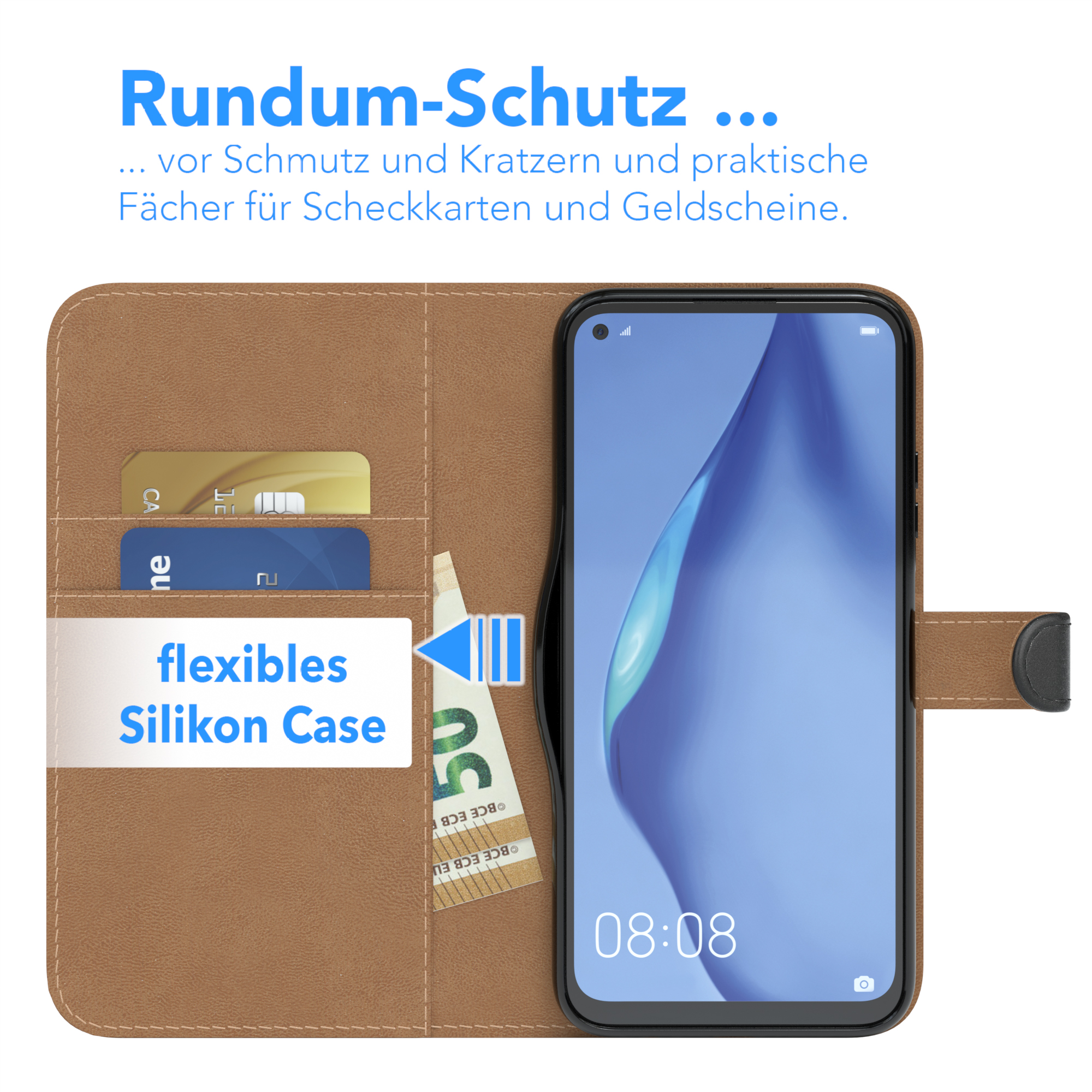 Geöffnete braune Handyhülle mit Karten und Geld im Inneren, Telefon zeigt die Uhrzeit an. Text: flexible Silikonhülle.