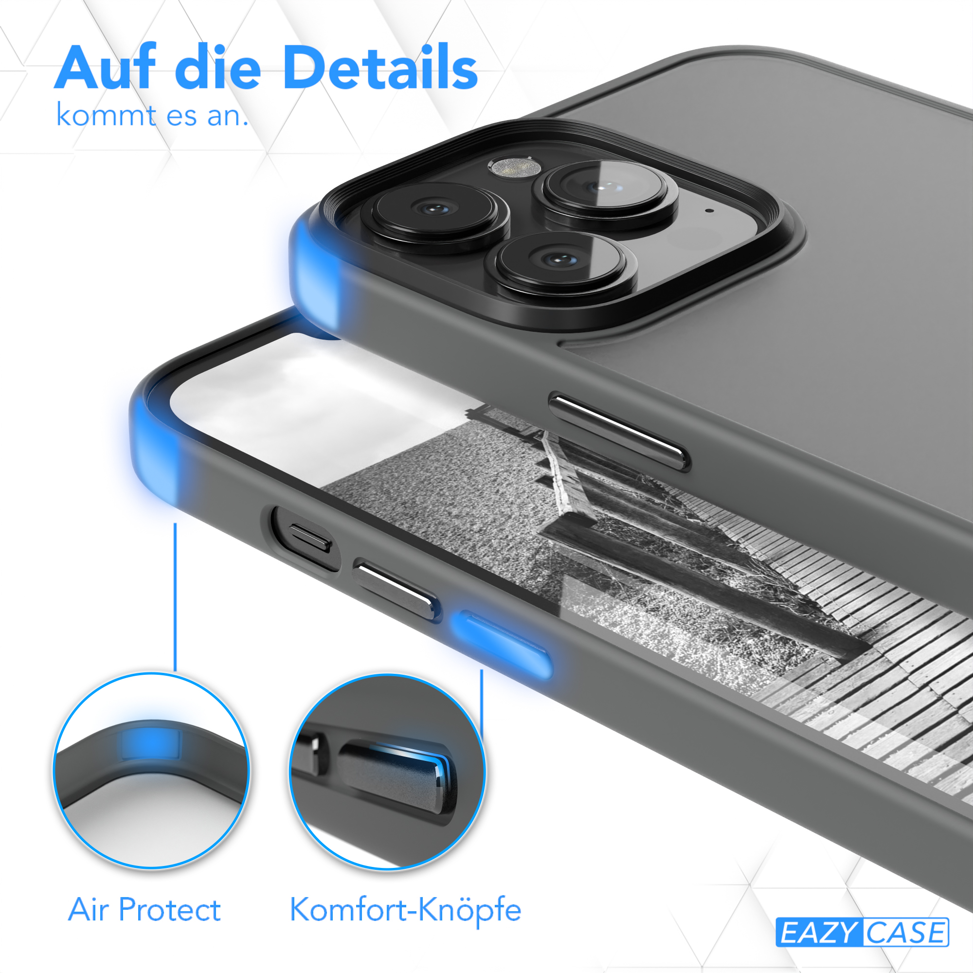Handyhülle Detail. Luftschutz und Komforttasten werden hervorgehoben. Graue Hülle mit blauen Akzenten.