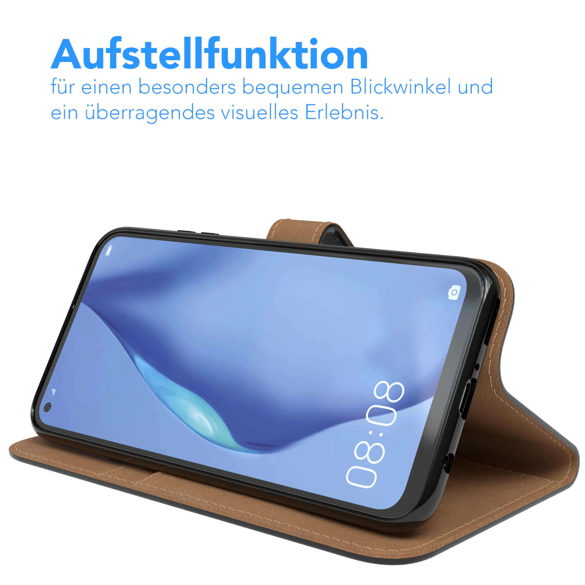 Telefon in einer braunen Lederhülle, geöffnet, auf einer braunen Oberfläche. Der Bildschirm zeigt die Uhrzeit.