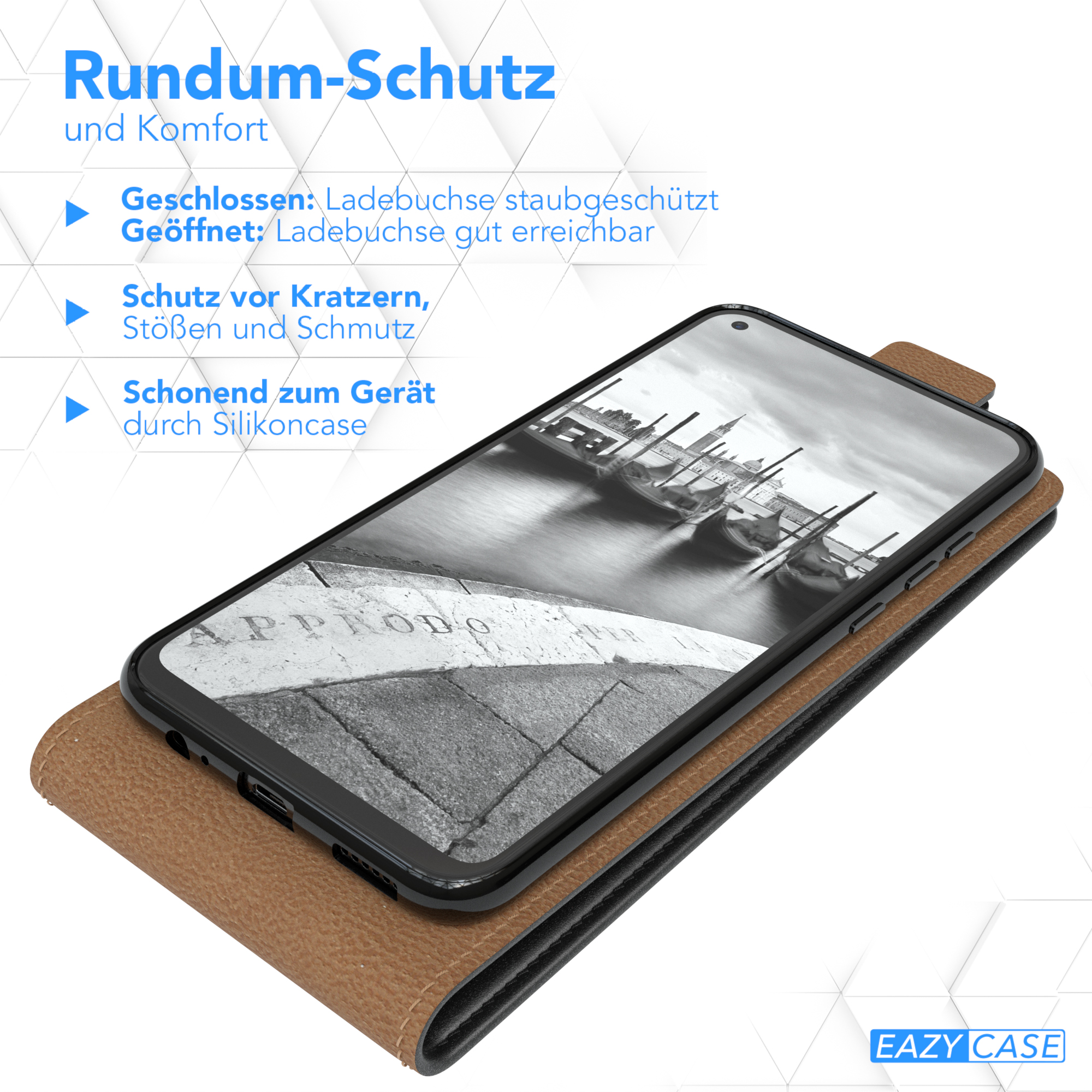 Handyhülle mit Telefon darin, geöffnet, um den Bildschirm freizugeben. Hintergrund ist eine Landschaft.