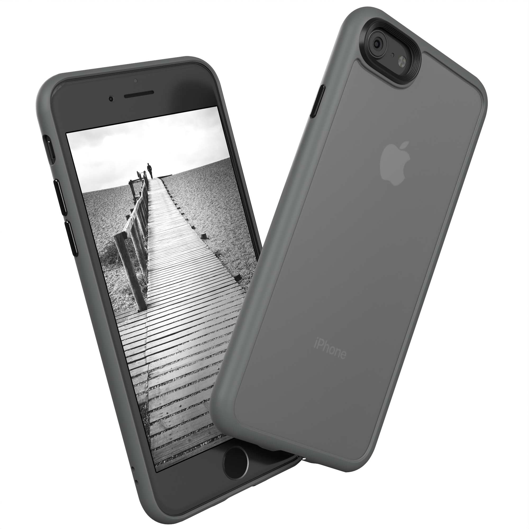 Graue Handyhülle mit Telefon darin, das eine Holzbrücke in einer Graustufenszene zeigt.