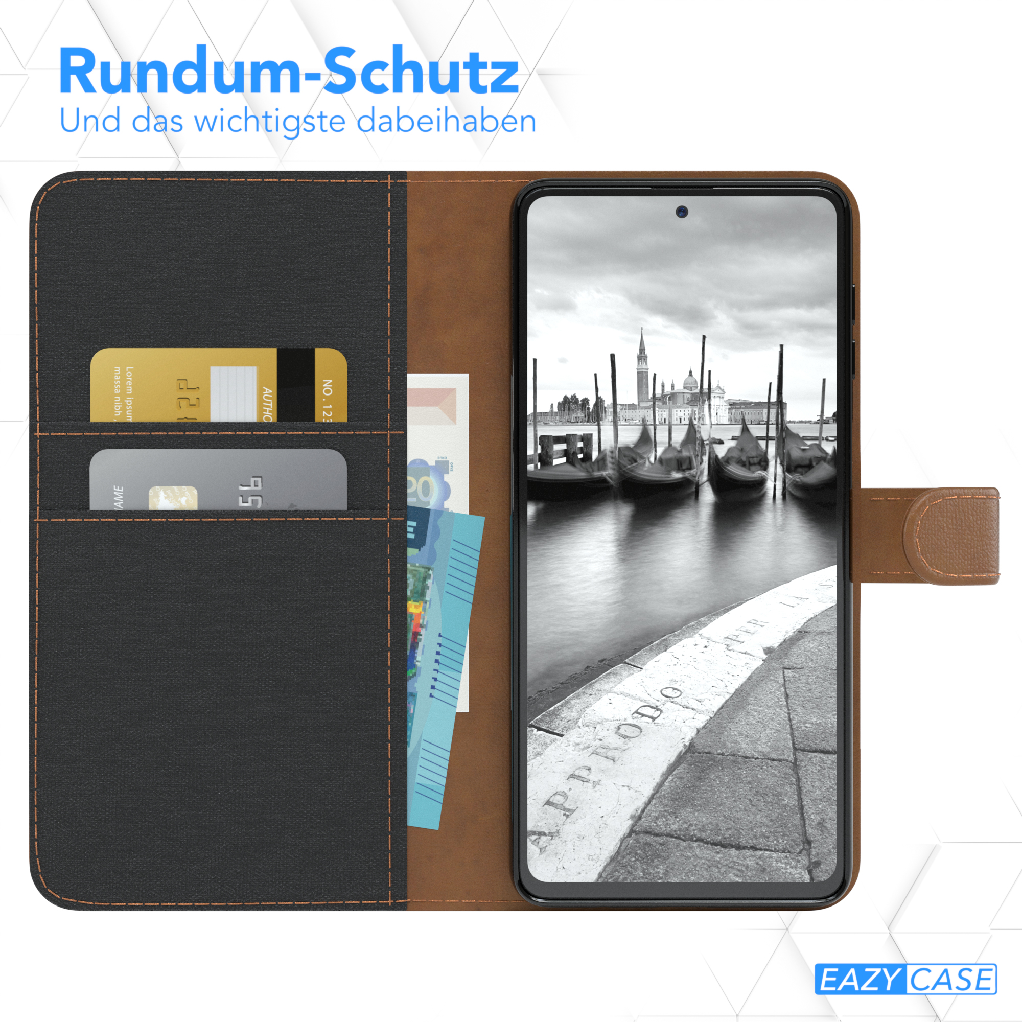 Handyhülle mit Karten- und Geldfächern, und ein Handy mit Kanal-Foto.