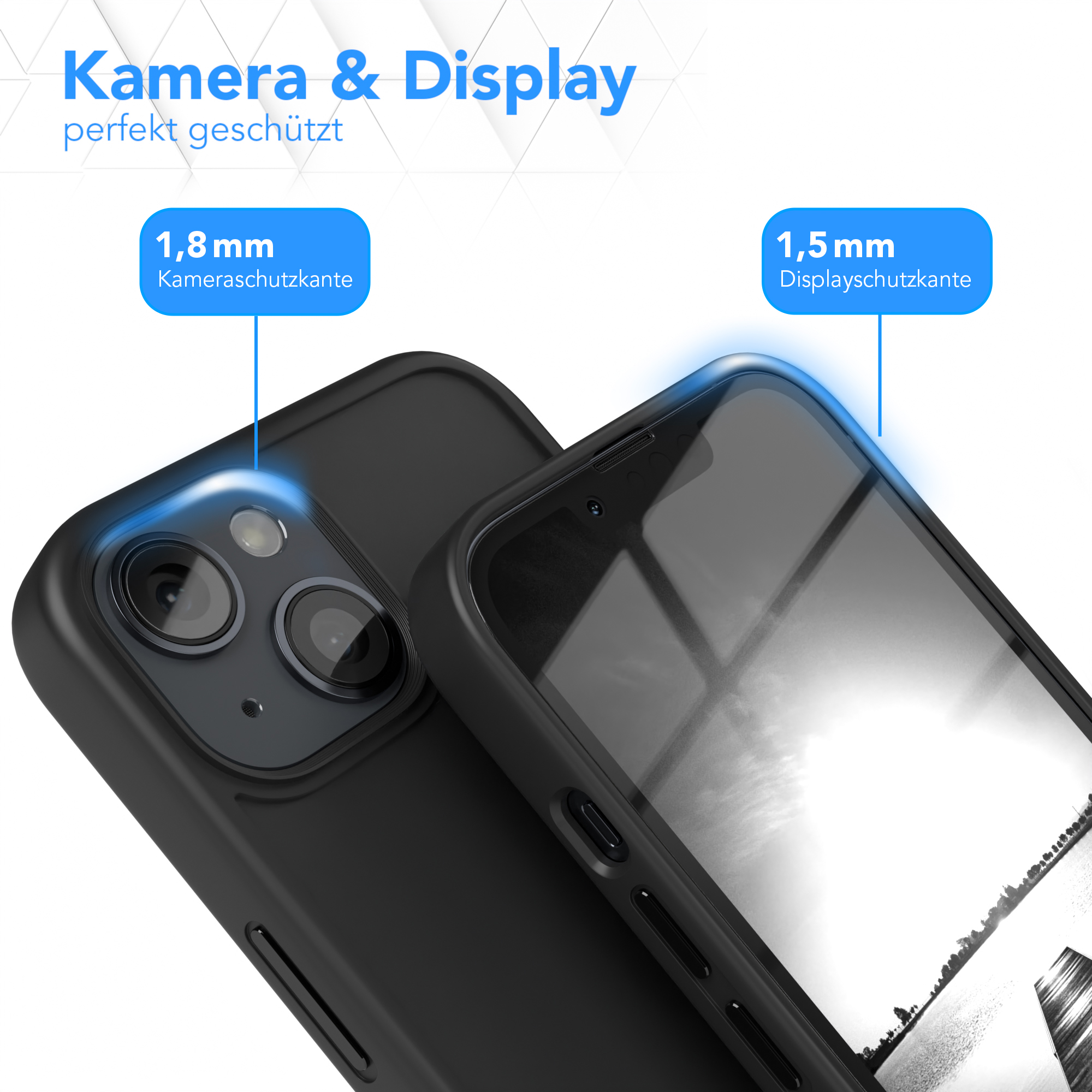 Schwarze Handyhülle, die Kamera und Display schützt. Text: 'Kamera & Display'.