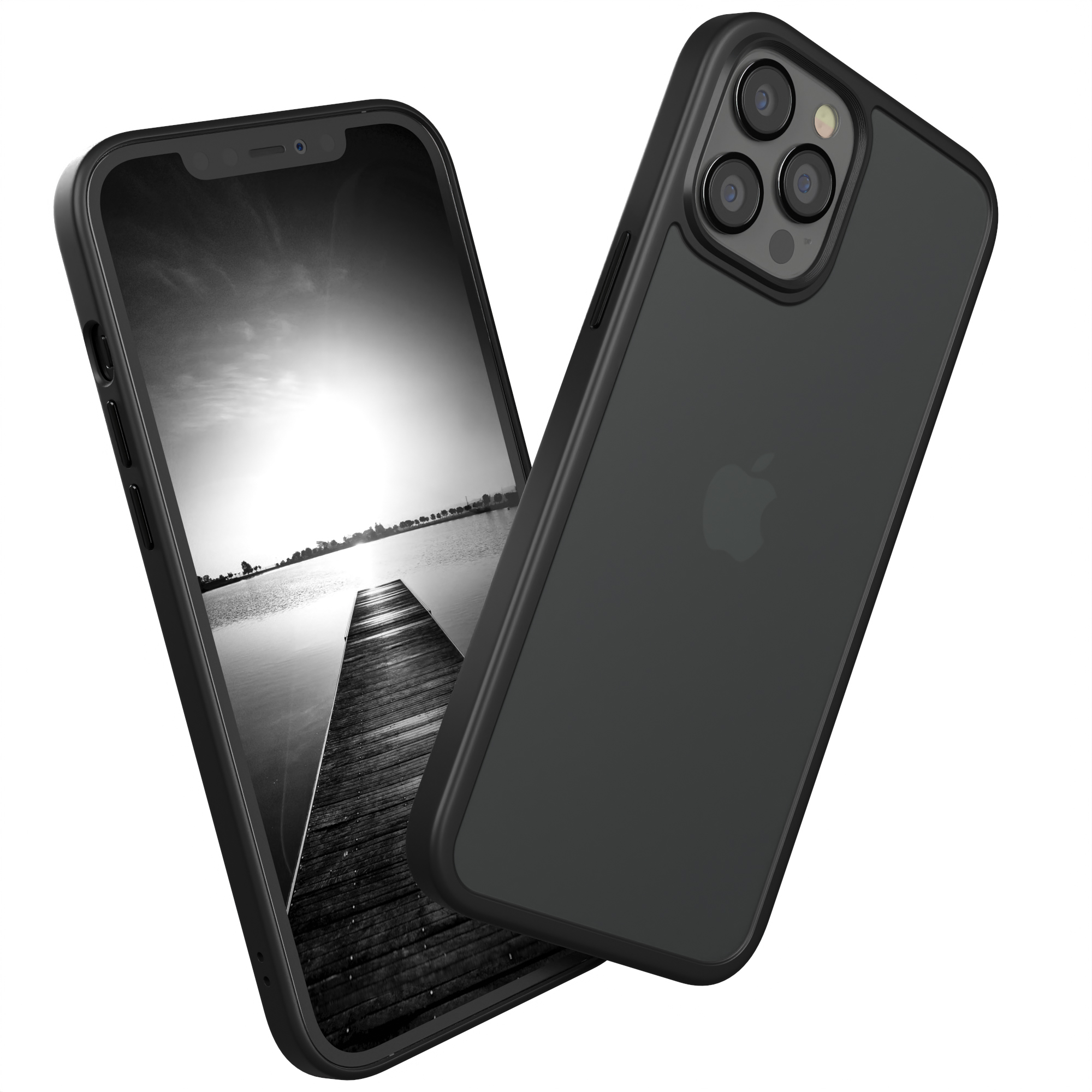 Schwarzes Telefon mit schwarzer Hülle. Auf dem Display ist ein Steg über dem Wasser zu sehen. Der Hintergrund ist ein Graustufenbild.
