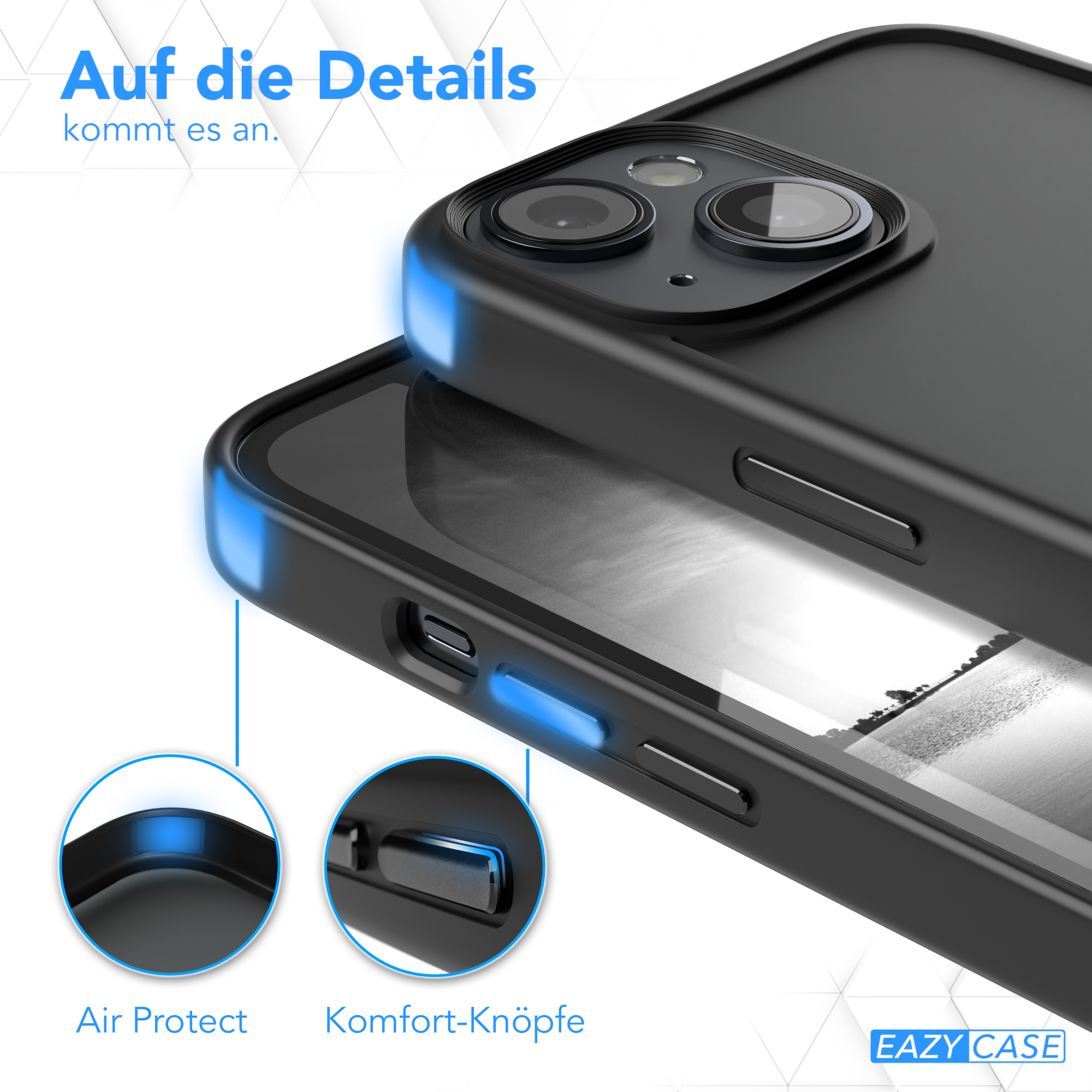 Handyhülle Detail. Air Protect und Komfort-Tasten hervorgehoben. Schwarze Handyhülle mit blauen Akzenten.