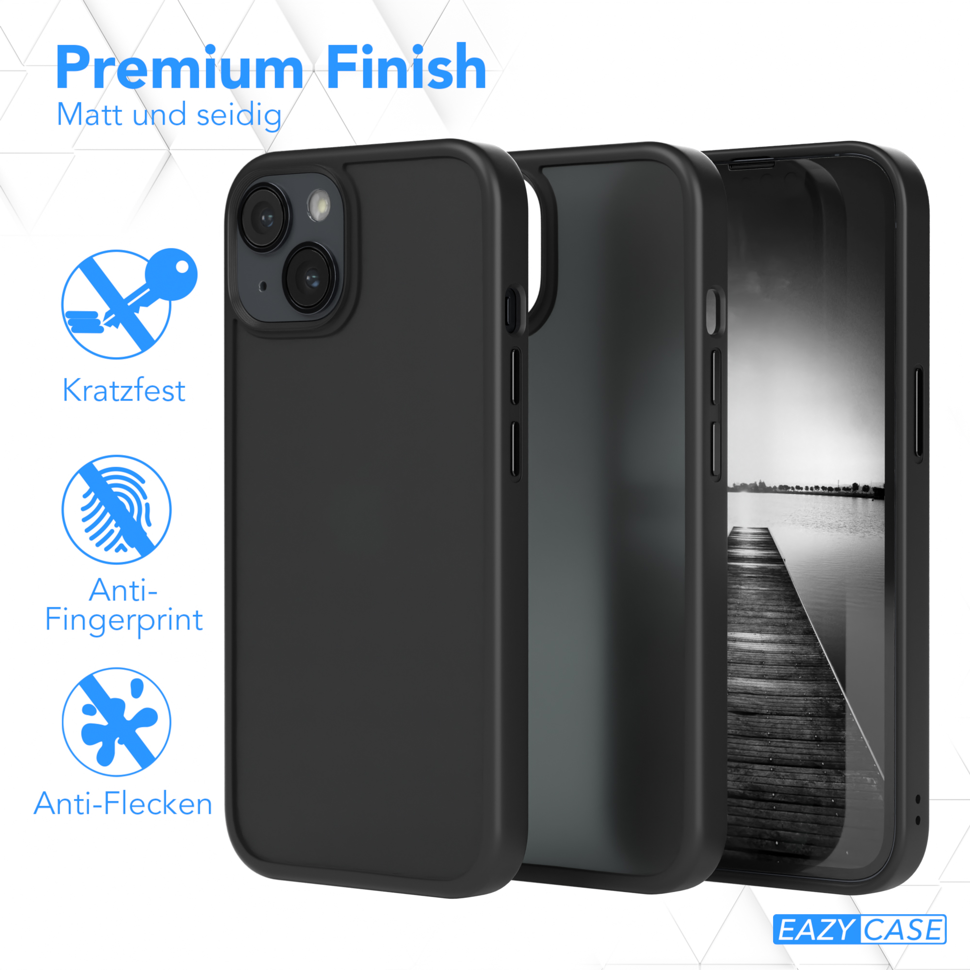 Schwarze Handyhülle mit Schlüssel-, Fingerabdruck- und schmutzabweisenden Symbolen, Premium-Finish.