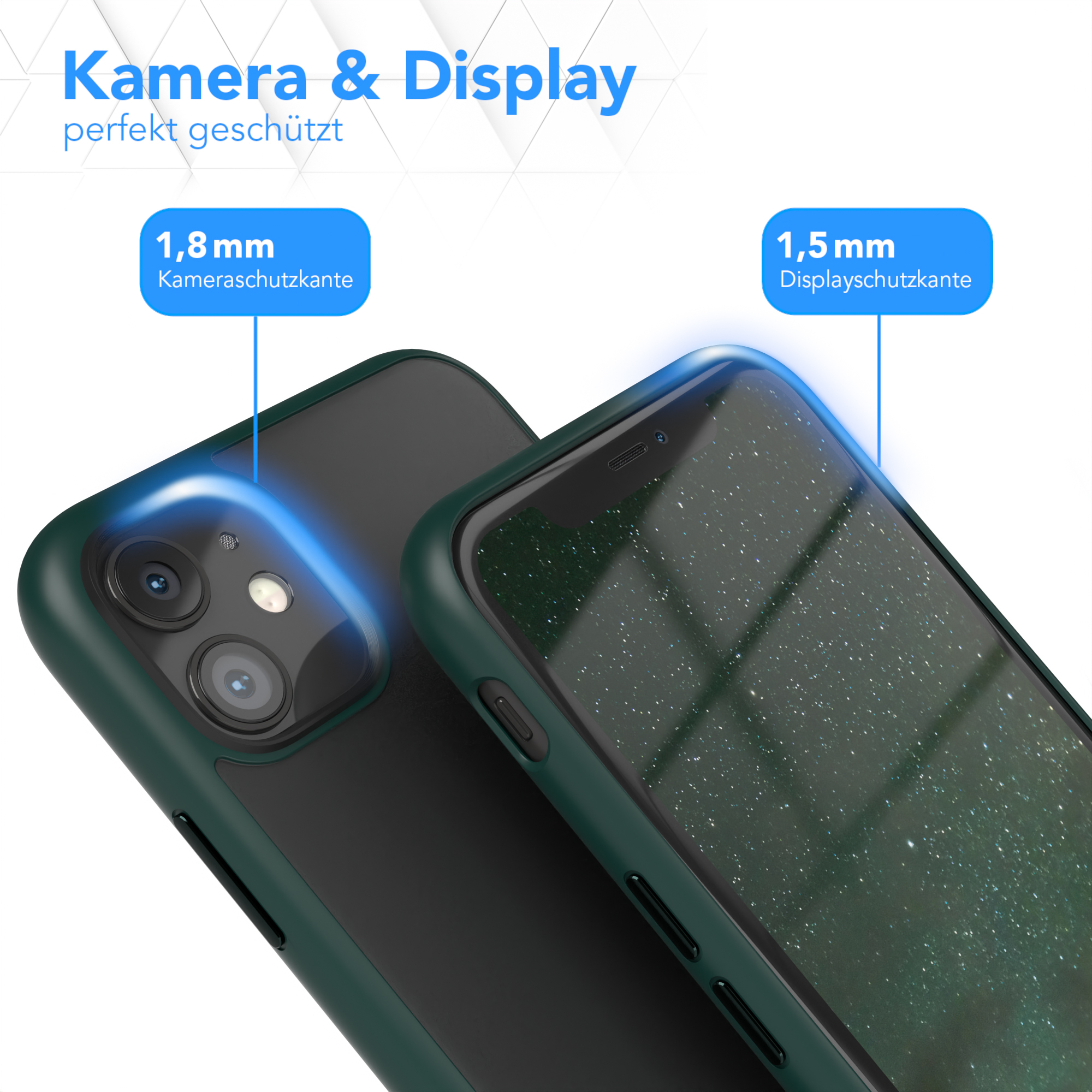 Grüne Handyhülle mit transparentem Teil, zeigt Kamera- und Displayschutzdetails.