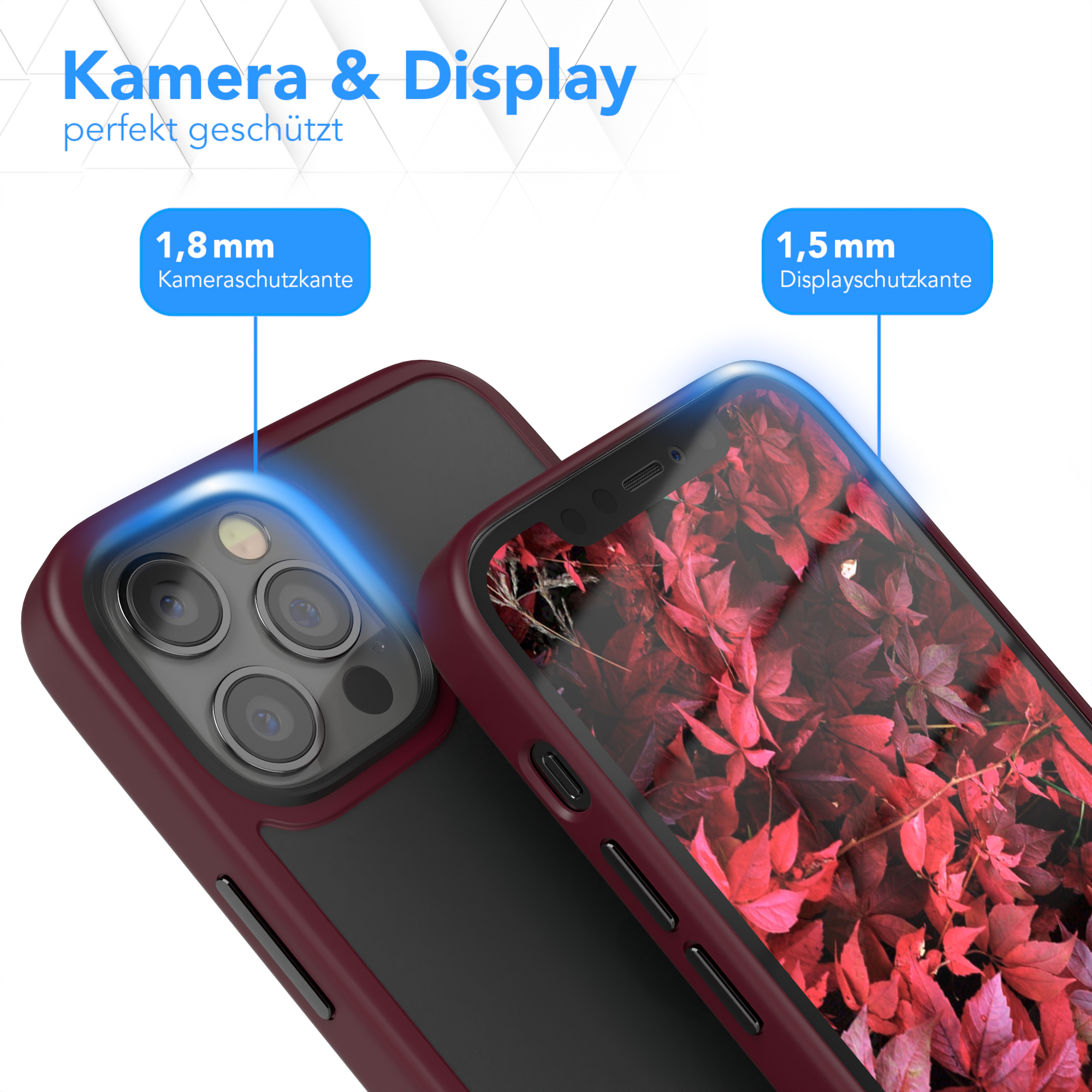 Eine Handyhülle mit Telefon. Text: Kamera & Display, 1,8 mm Kameraschutzkante, 1,5 mm Displayschutz.