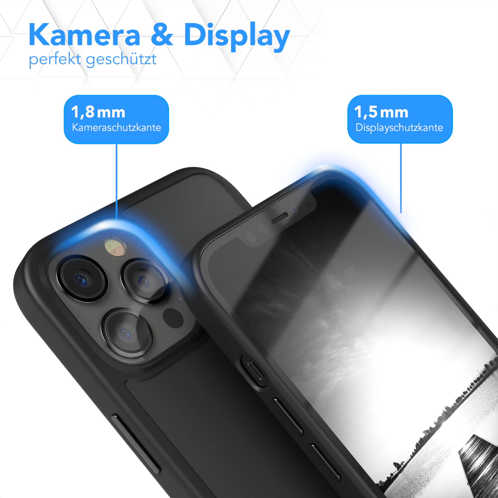 Eine schwarze Handyhülle und ein schwarzes Telefon mit Nahaufnahme der Kamera. Blaue Überlagerung zeigt Schutz.