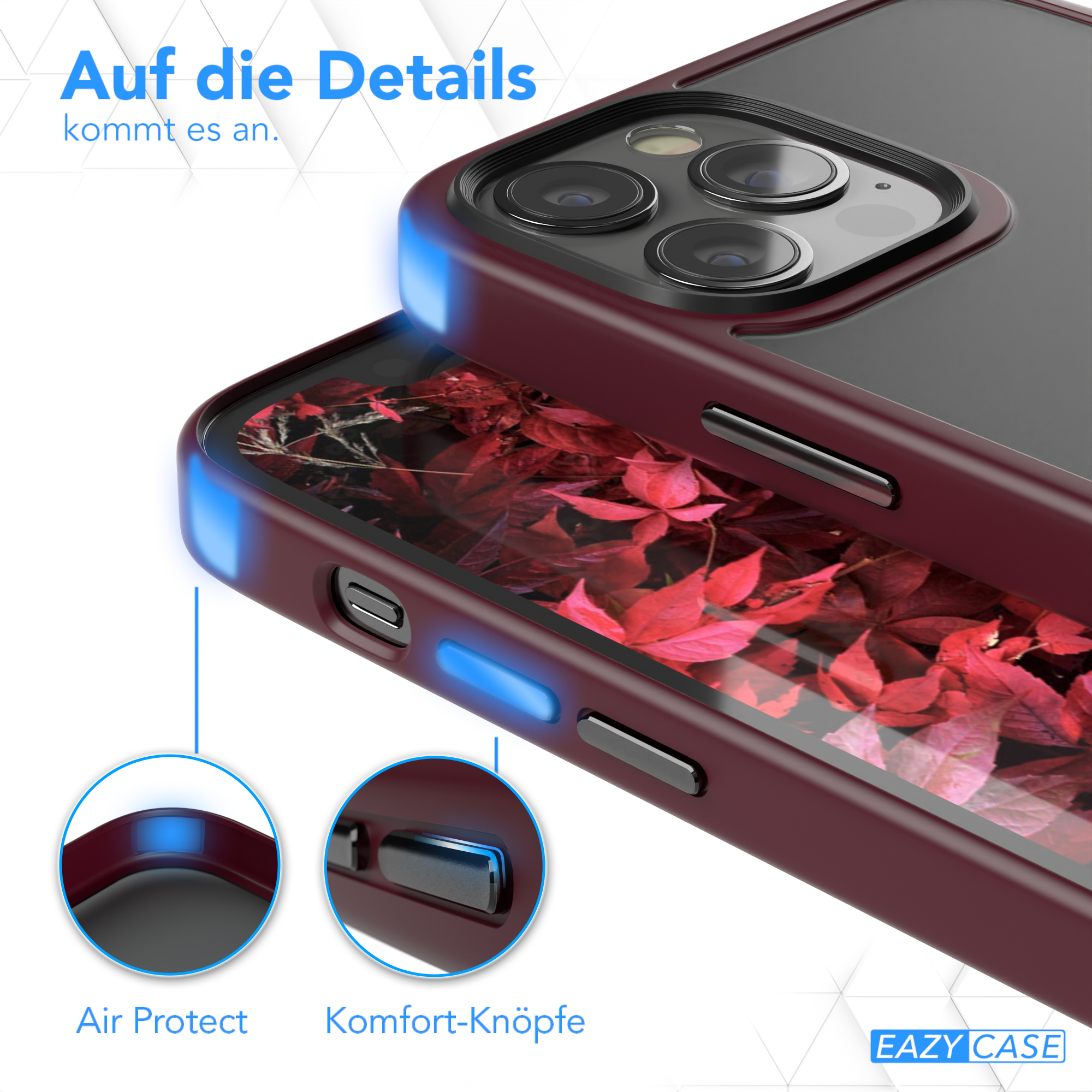 Nahaufnahme einer Handyhülle mit bordeauxrotem Rahmen. Details des Air-Protect- und Komfort-Knopfes werden gezeigt.