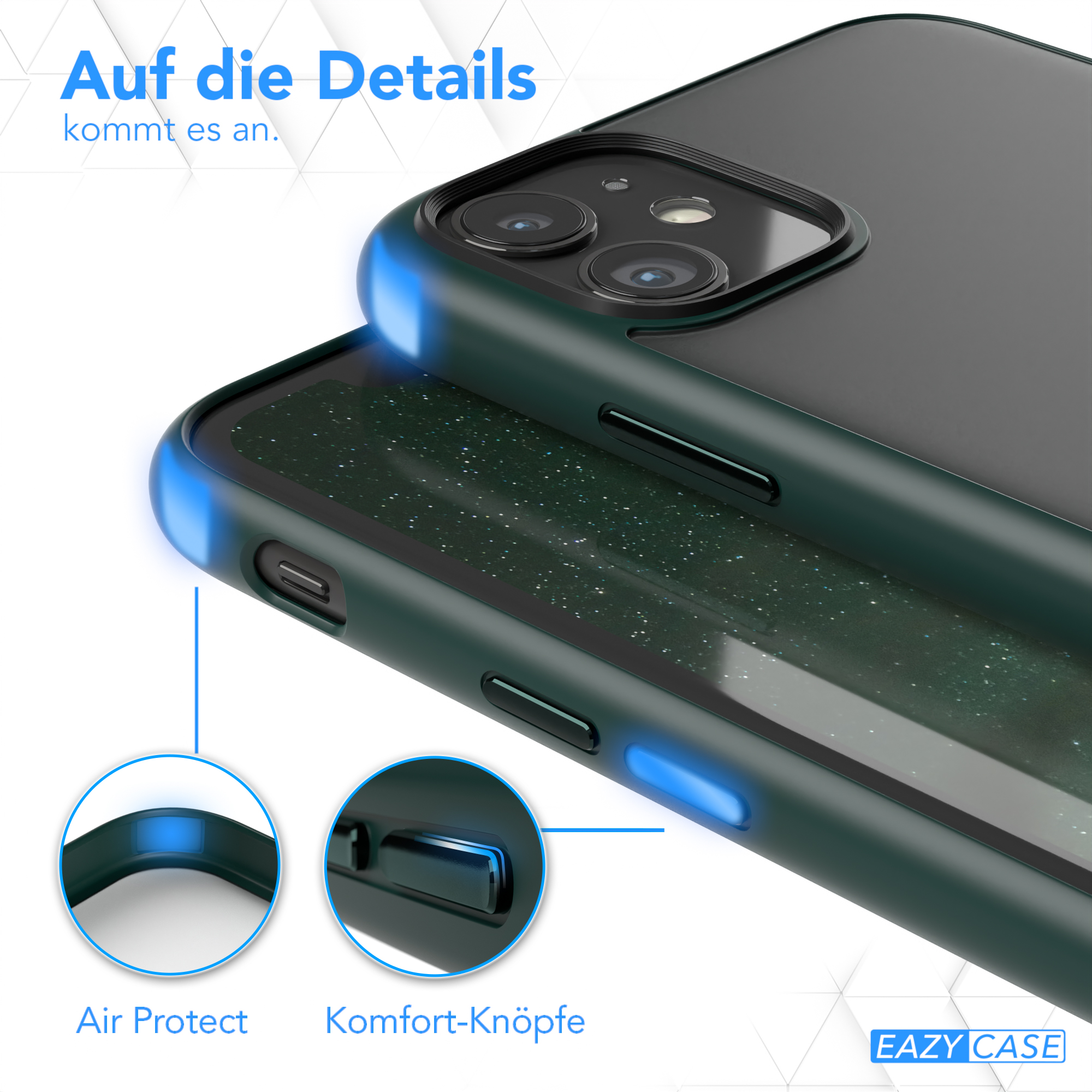 Nahaufnahme einer Handyhülle. Zeigt die Kanten mit blauen Lichtern und Tasten, beschriftet als Air Protect und Comfort Buttons.