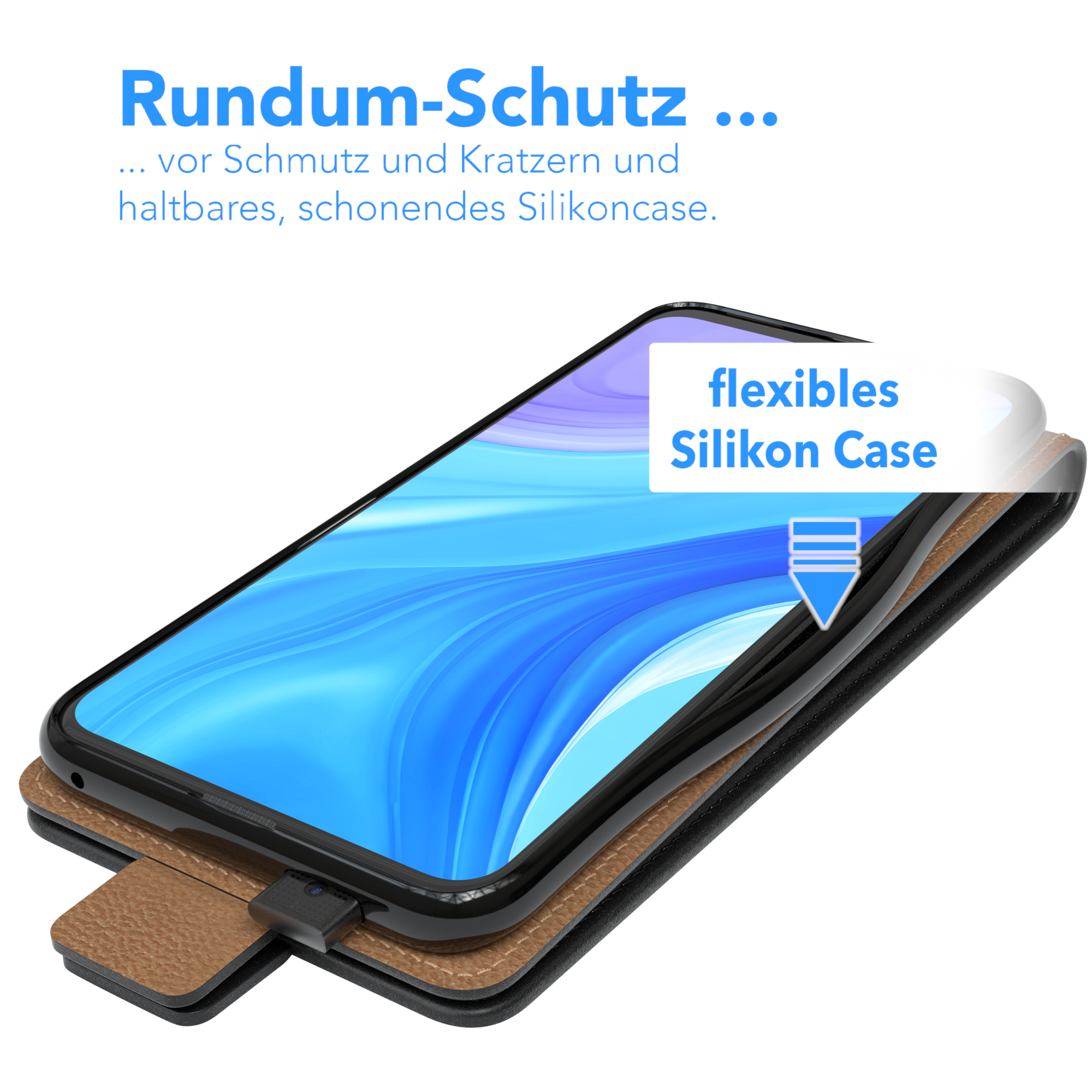 Ein Telefon in einer Hülle, die Hülle und das Telefon zeigend. Die Hülle ist braun und das Telefon ist schwarz.