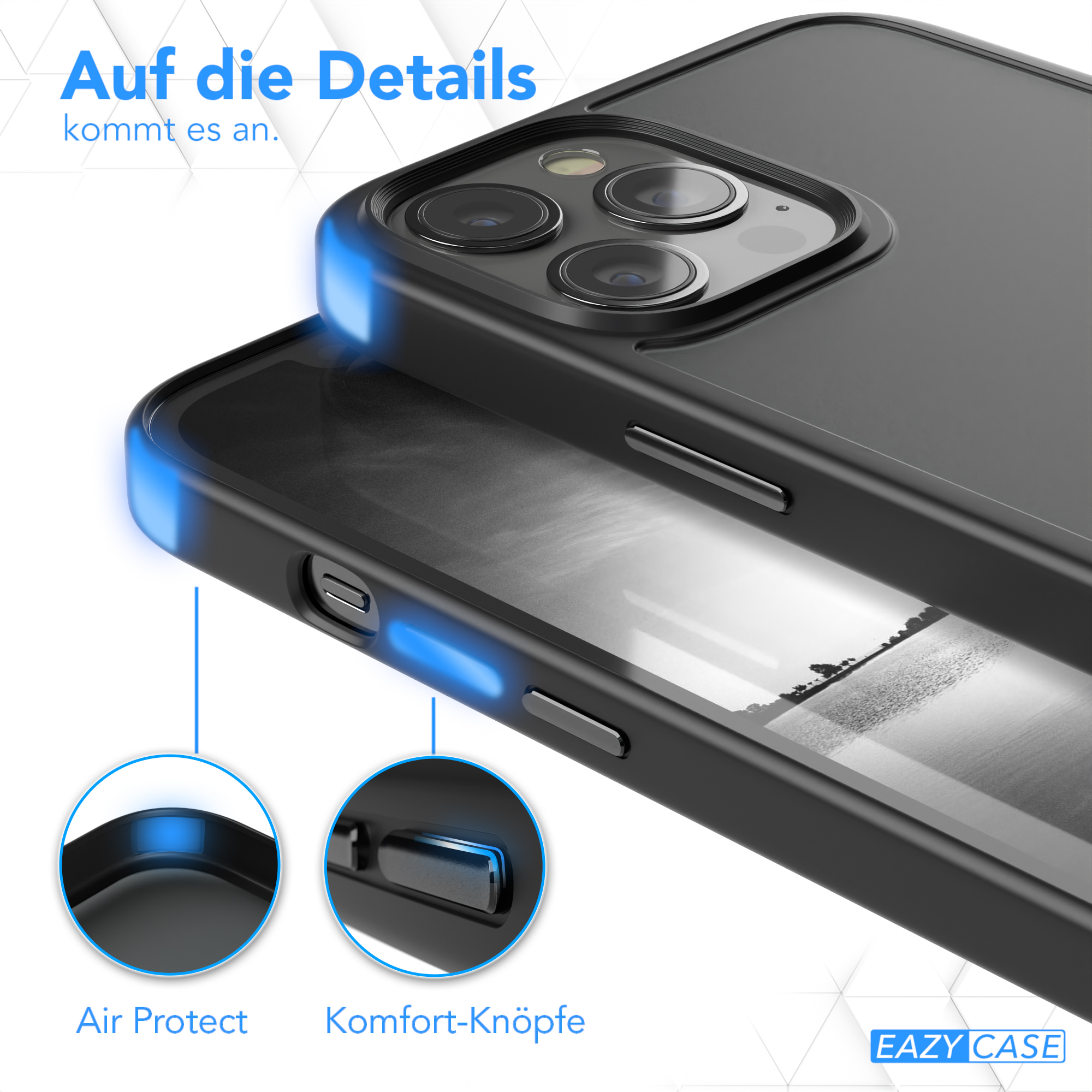 Nahaufnahme einer schwarzen Handyhülle mit blauen beleuchteten Merkmalen, zwei Knöpfe.