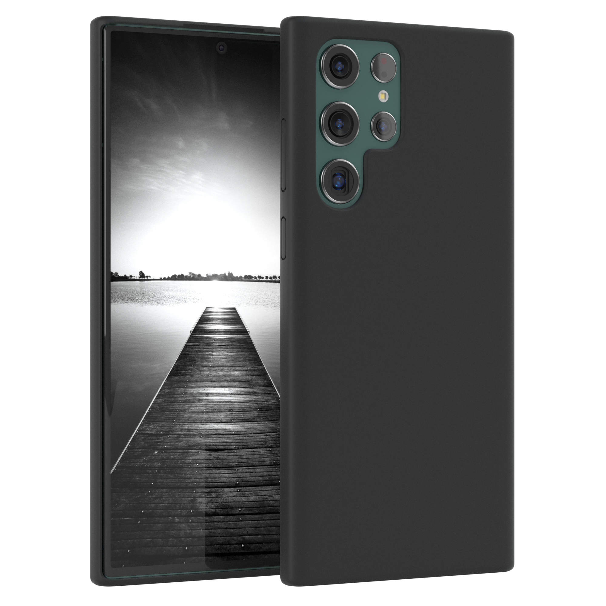 Schwarze Handyhülle mit einem Telefon, das eine Schwarz-Weiß-Landschaft zeigt, auf Weiß.